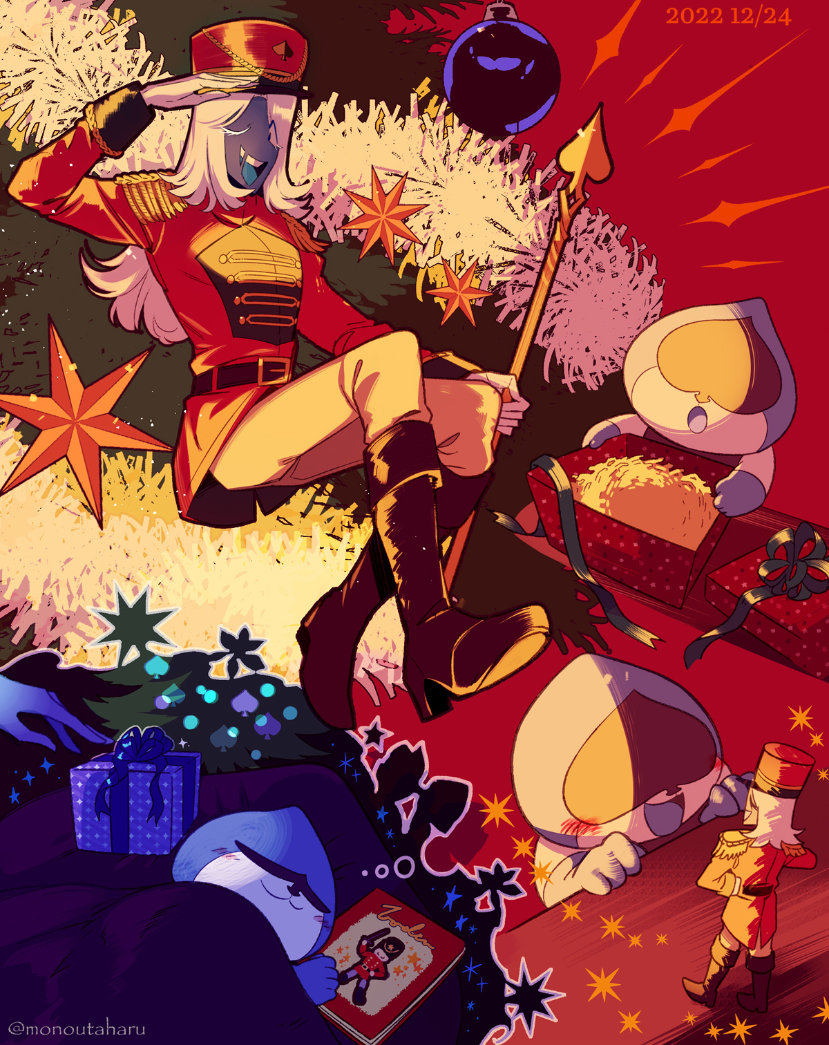 taharu (papiyas), lancer (deltarune), rouxls kaard, deltarune, utdr (toby fox), highres, 2boys, blue skin, colored skin, dated, gloves, holding, jacket, long hair, long sleeves, male focus, multiple boys, open mouth, pants, smile, teeth, white hair