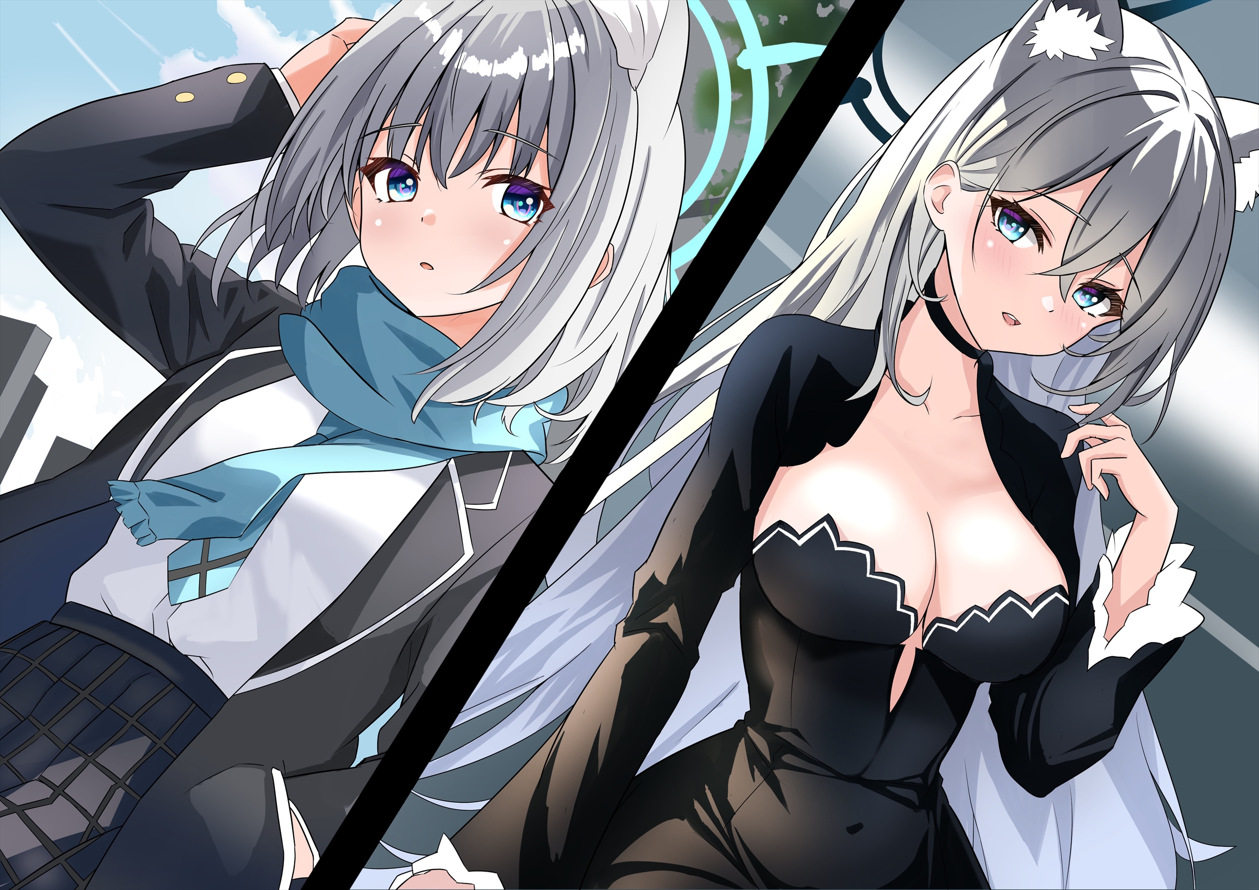 shamu (helix), shiroko (blue archive), shiroko terror (blue archive), blue archive, commentary, highres, 2girls, animal ear fluff, animal ears, arm at side, black choker, black dress, black halo, black jacket, black skirt, blue halo, blue scarf, blush, breasts, choker, cleavage, collarbone, cowboy shot, crossed bangs, day, dress, dual persona, dutch angle, extra ears, eyes visible through hair, frilled sleeves, frills, fringe trim, grey background, grey hair, hair behind ear, hair between eyes, hair intakes, halo, hand in pocket, hand up, jacket, large breasts, long hair, long sleeves, looking at viewer, medium hair, multiple girls, open clothes, open jacket, open mouth, outdoors, plaid clothes, plaid skirt, scarf, school uniform, shirt, simple background, skirt, straight hair, teeth, upper teeth only, very long hair, white shirt, wide sleeves, wolf ears, wolf girl