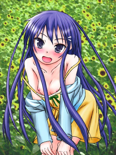 haijin, akiba rika, hanbun no tsuki ga noboru sora, bad id, bad pixiv id, 00s, 1girl, blue eyes, blue hair, blush, breasts, female focus, flower, hair ornament, hairclip, hand on own knee, hands on own knees, knees together feet apart, long hair, matching hair/eyes, nipple slip, nipples, ribbon, skirt, small breasts, solo, sunflower