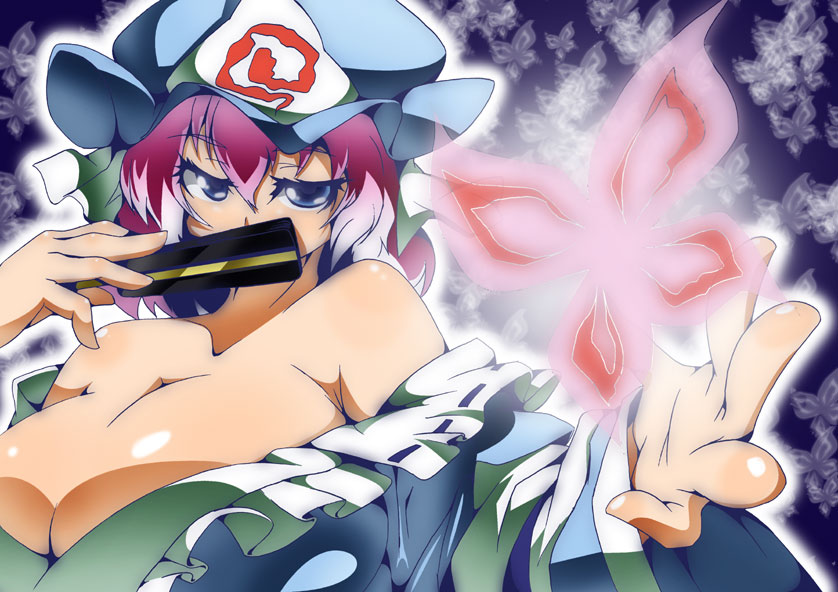 toudori, saigyouji yuyuko, touhou, 1girl, blue eyes, breasts, bug, butterfly, cleavage, female focus, hat, huge breasts, pink hair, short hair, solo, upper body