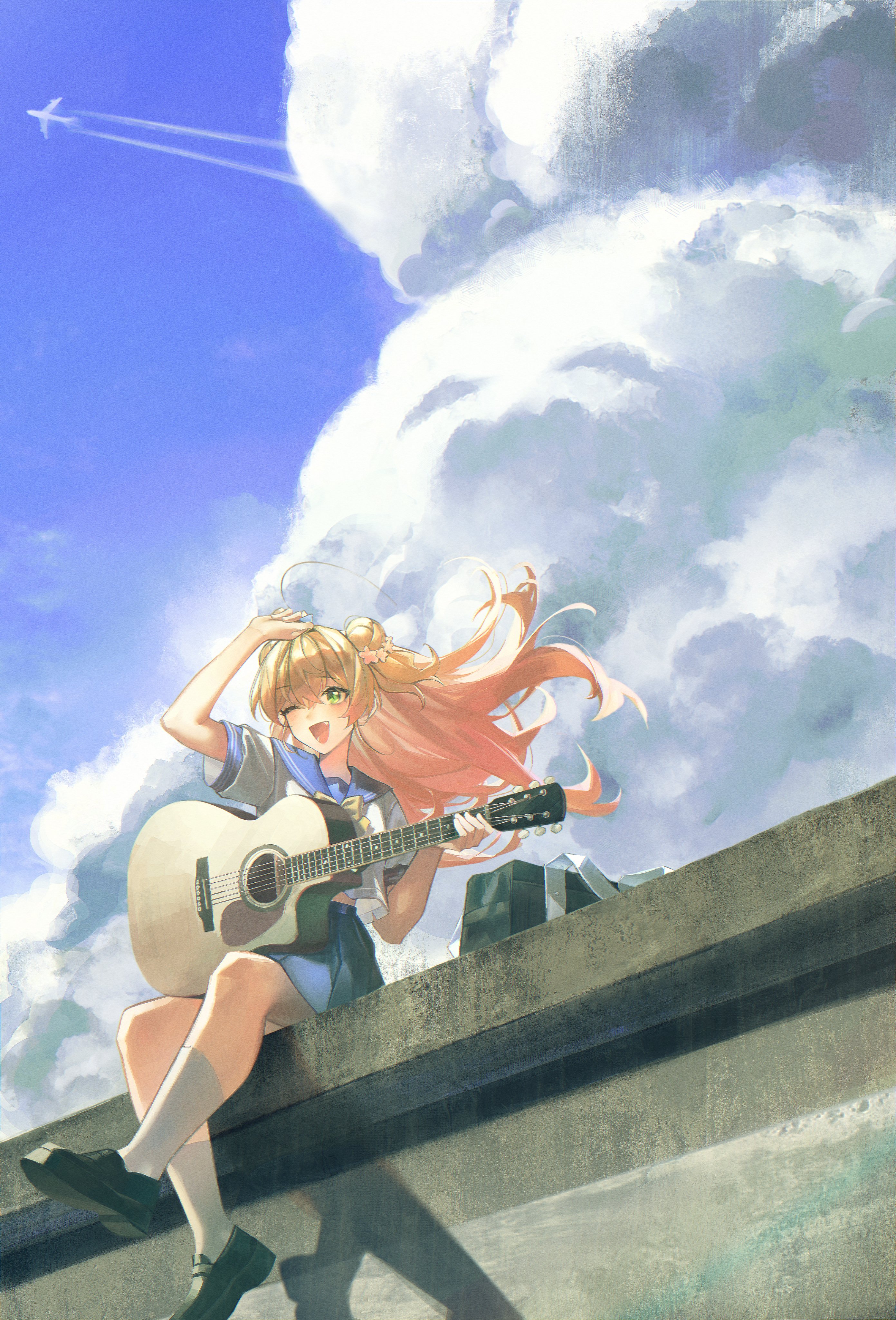 legzy, momosuzu nene, hololive, absurdres, commentary, english commentary, highres, 1girl, acoustic guitar, aircraft, airplane, arm up, black shoes, blonde hair, blue sailor collar, blue skirt, blue sky, cloud, cloudy sky, crossed bangs, double bun, fang, floating hair, foot dangle, gradient hair, green eyes, guitar, hair bun, holding, holding guitar, holding instrument, holding plectrum, instrument, loafers, long hair, multicolored hair, on roof, one eye closed, open mouth, outdoors, pink hair, plectrum, sailor collar, school uniform, serafuku, shoes, sidelocks, skirt, sky, smile, socks, solo, virtual youtuber, white socks
