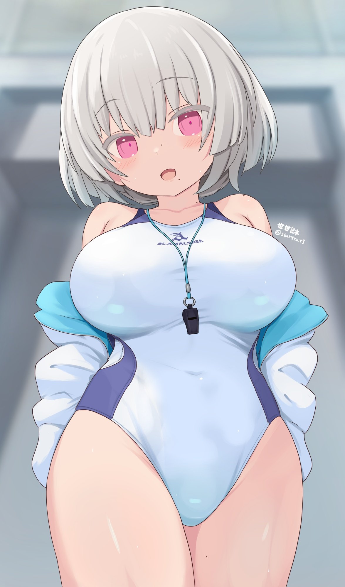 seseragi (star4rats), alice gear aegis, highres, 1girl, blurry, blurry background, breasts, collarbone, competition swimsuit, cowboy shot, grey hair, indoors, jacket, kanaya neri, large breasts, looking at viewer, one-piece swimsuit, pink eyes, solo, swimsuit, swimsuit under clothes, whistle, whistle around neck, white jacket, white one-piece swimsuit