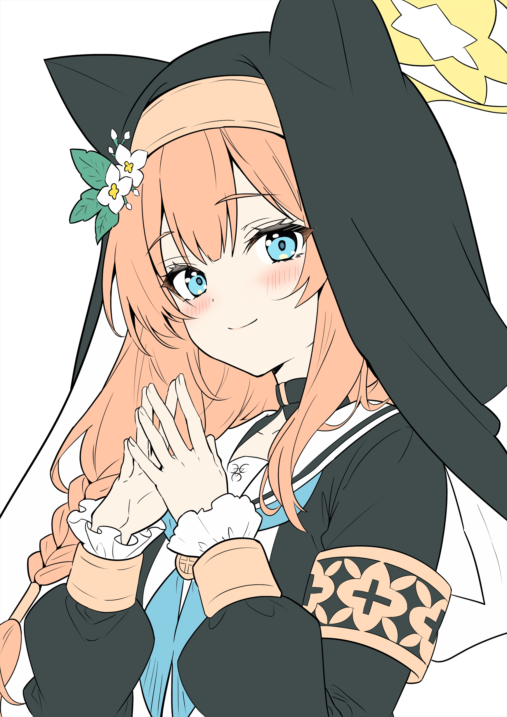 shamu (helix), mari (blue archive), blue archive, absurdres, commentary, highres, 1girl, animal ear headwear, animal ears, black dress, black veil, blue eyes, blue neckerchief, blush, braid, cat ears, cat girl, closed mouth, dress, eyelashes, fake animal ears, flat color, flower, frilled sleeves, frills, hair between eyes, halo, hands up, hat, hat flower, long hair, long sleeves, looking at viewer, low-braided long hair, low-tied long hair, neckerchief, nun, orange hair, own hands together, puffy long sleeves, puffy sleeves, sailor collar, school uniform, serafuku, simple background, smile, solo, split mouth, steepled fingers, upper body, veil, white background, white flower, white sailor collar, yellow halo