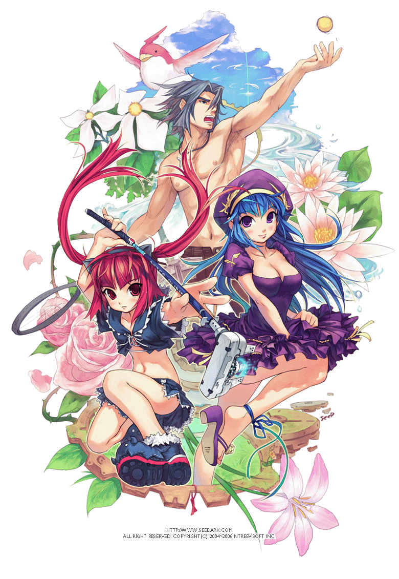 seedark, arin (pangya), kooh (pangya), max, max (pangya), pangya, 1boy, 2girls, bird, blue hair, blush, breasts, cleavage, feet, flower, gears, golf, hat, legs, lips, long hair, medium breasts, multiple girls, purple eyes, red eyes, red hair, sandals, shoe dangle, shoes, skirt, small breasts, transparent background, twintails, water lily flower