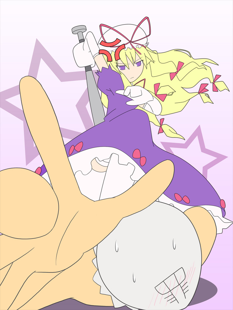 terazo, sin sack, yakumo yukari, touhou, 1boy, 1girl, angry, baseball bat, dress, femdom, flat color, from below, frown, gradient background, hat, holding, holding baseball bat, mob cap, perspective, thighhighs, white background, white thighhighs