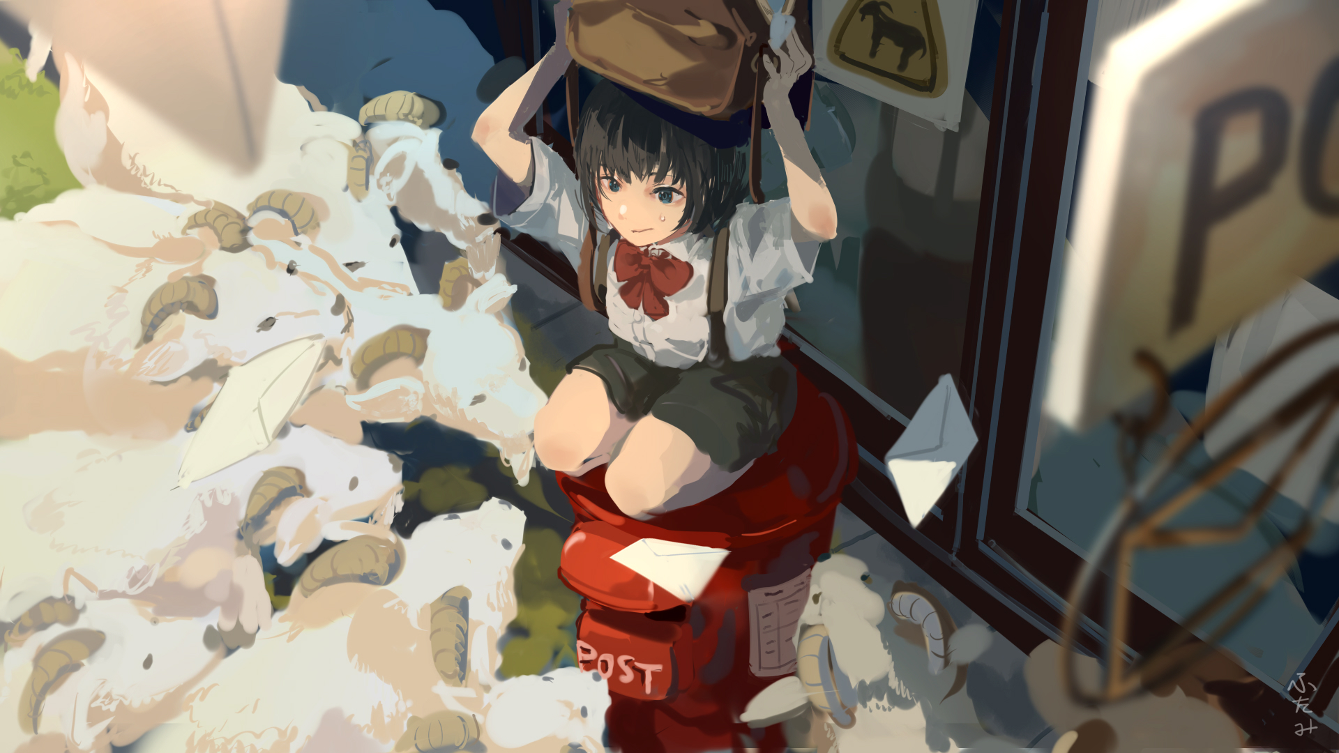 23el, original, highres, 1girl, arms up, bag, black eyes, black hair, black shorts, bow, closed mouth, envelope, goat, holding, holding bag, outdoors, postbox (outgoing mail), red bow, shirt, shorts, solo, suspenders, white shirt