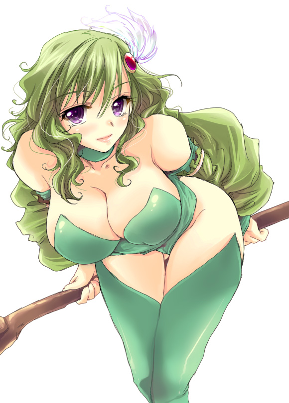 flieger, rydia (adult) (ff4), rydia (ff4), final fantasy, final fantasy iv, 1990s (style), 1girl, aged up, bent over, blush, breasts, choker, cleavage, detached sleeves, female focus, green hair, hair ornament, large breasts, leotard, looking at viewer, purple eyes, retro artstyle, solo, staff, thighhighs