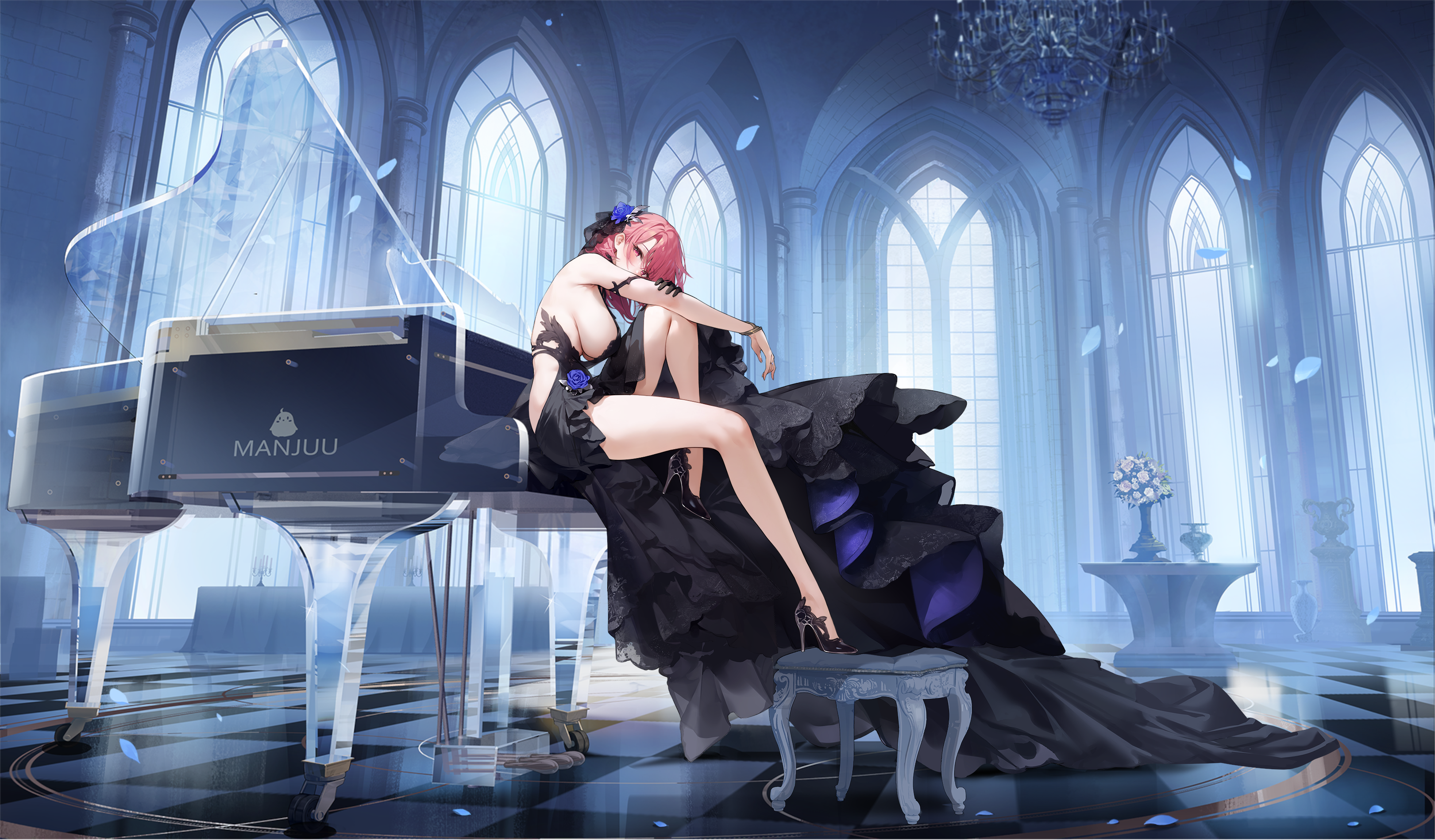 black prince (azur lane), black prince (love's greeting) (azur lane), azur lane, absurdres, artist request, highres, non-web source, official art, 1girl, black dress, black gloves, black shoes, blush, bracelet, breasts, dress, gloves, grand piano, high heels, indoors, instrument, jewelry, knee up, large breasts, looking at viewer, medium hair, nontraditional wedding dress, official alternate costume, piano, pink eyes, pink hair, shoes, sideboob, single glove, sitting, solo, wedding dress