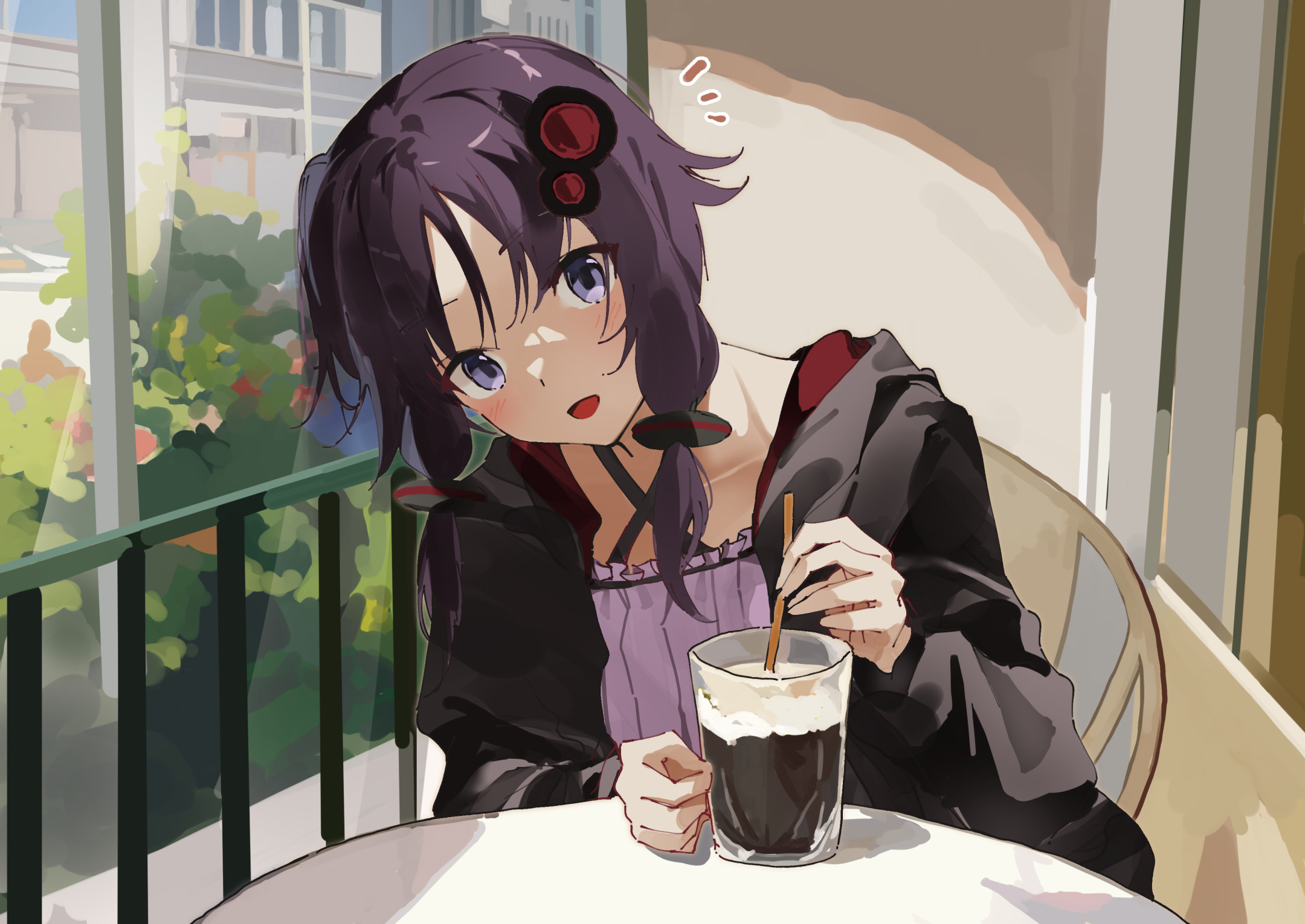 lamb (hitsujiniku), yuzuki yukari, vocaloid, voiceroid, commentary request, highres, 1girl, :d, black jacket, blush, chair, collarbone, cup, day, dress, drink, drinking glass, drinking straw, hair ornament, holding, hood, hood down, hooded jacket, indoors, jacket, leaning to the side, long hair, long sleeves, looking at viewer, notice lines, on chair, open clothes, open jacket, open mouth, puffy long sleeves, puffy sleeves, purple dress, purple eyes, purple hair, smile, solo, table, window