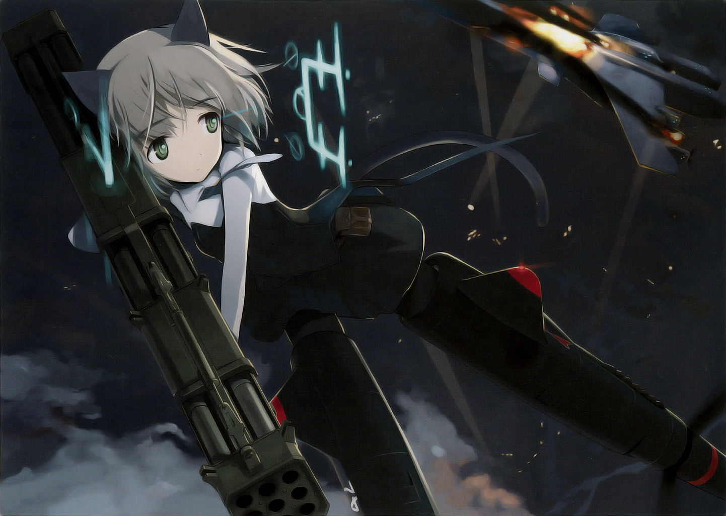 shimada fumikane, sanya v. litvyak, strike witches, world witches series, silver hair, scan, 00s, 1girl, animal ears, black pantyhose, female focus, green eyes, gun, hirschgeweih antennas, necktie, pantyhose, rocket launcher, short hair, solo, striker unit, tail, weapon