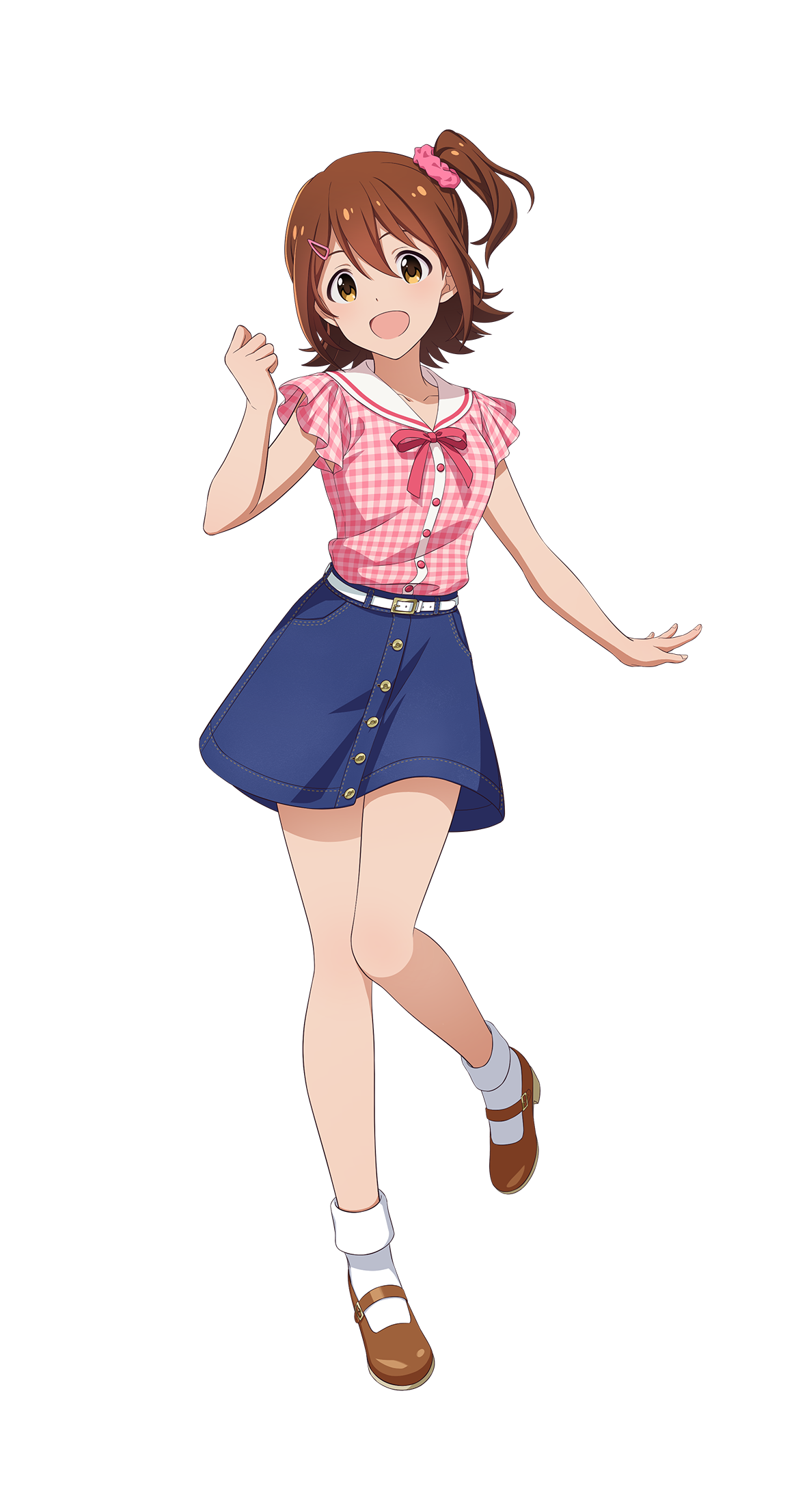 kasuga mirai, idolmaster, idolmaster million live!, idolmaster tours, official art, 1girl, belt, brown hair, buttons, collared shirt, denim, denim skirt, full body, hair ornament, hairclip, hand up, high heels, neck ribbon, open mouth, ribbon, shirt, side ponytail, skirt, socks, solo, transparent background, white belt, yellow eyes