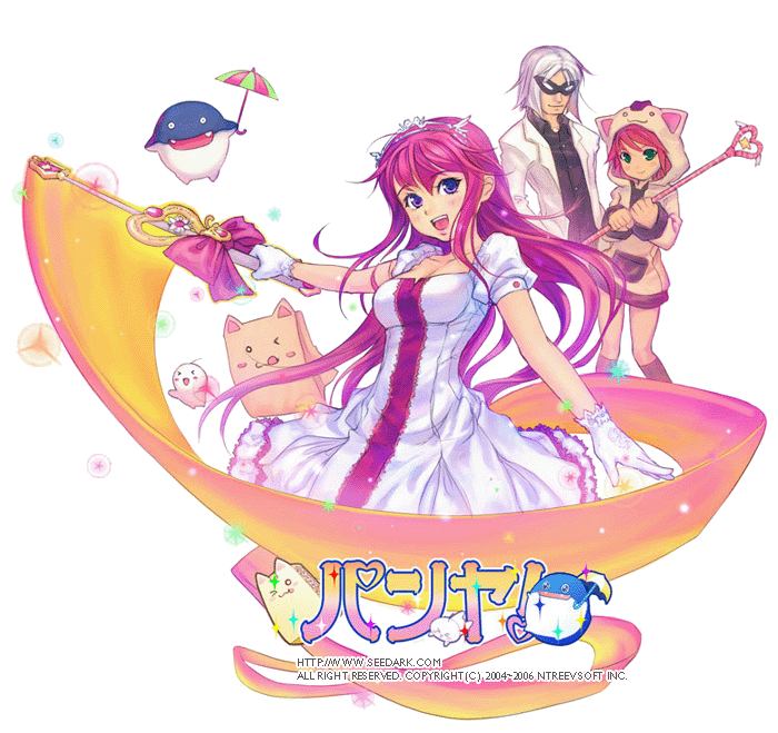 hana, seedark, arin (pangya), dolfini (pangya), hana (pangya), max, max (pangya), papel (pangya), pangya, 1boy, 2girls, animal hood, breasts, copyright name, copyright notice, dress, green eyes, hood, legs, long hair, multiple girls, open mouth, pink hair, purple eyes, red eyes, skirt, transparent background, umbrella, umbrella riding