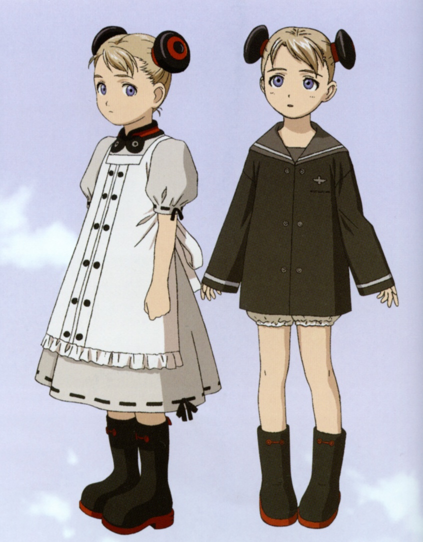 murata range, alvis hamilton, last exile, 00s, 1girl, alternate costume, blonde hair, bloomers, blue eyes, boots, child, dress, fashion, female focus, full body, hairpods, short hair, solo, underwear