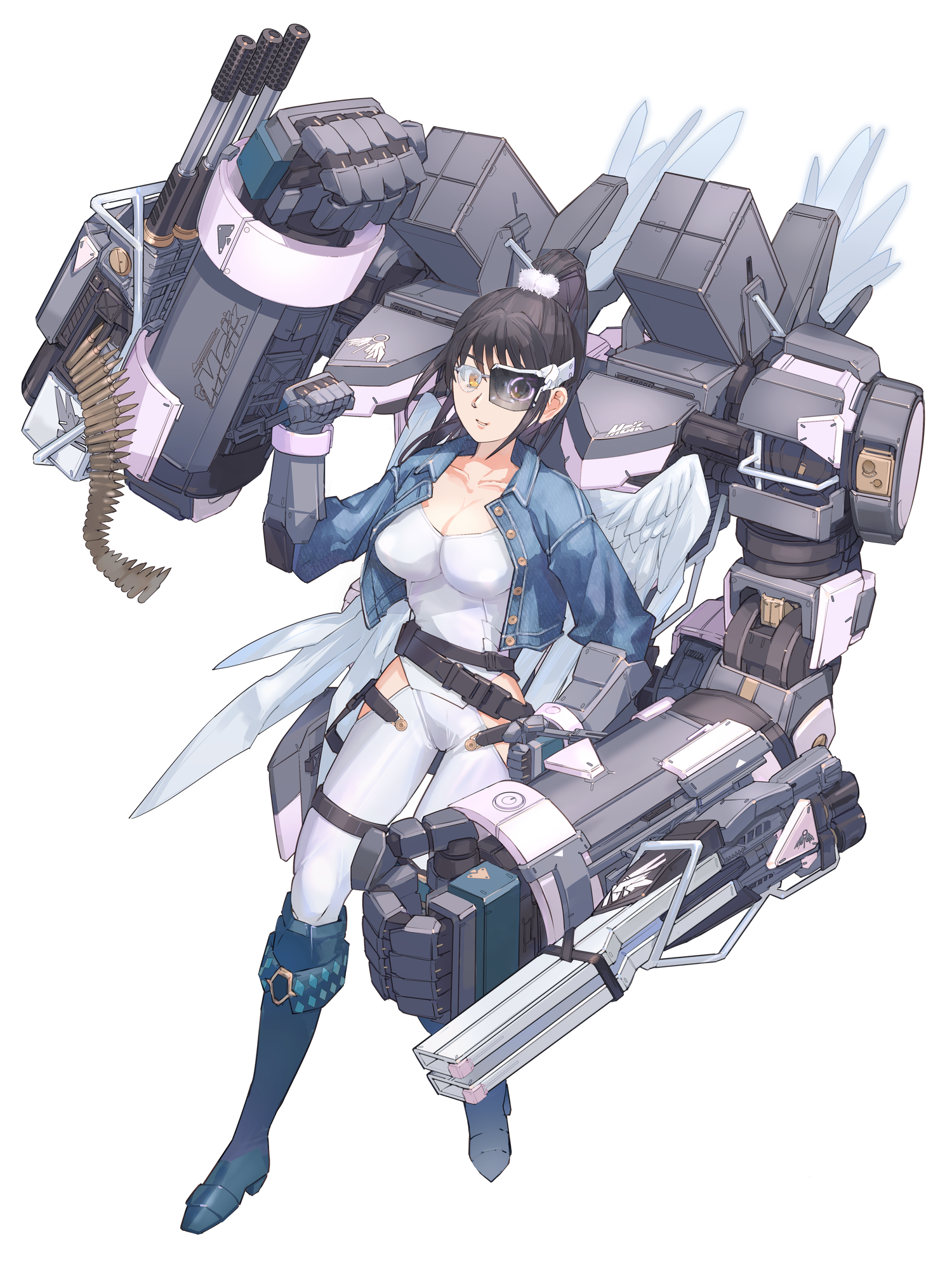 chain paradox, highres, 1girl, angel wings, belt, black hair, blue boots, blue jacket, boots, breasts, cleavage, clenched hand, clip (weapon), clothing cutout, denim, denim jacket, full body, glasses, gun, hair bobbles, hair ornament, high ponytail, hip vent, jacket, knee boots, mechanical arms, medium breasts, melkidia sedecriel, ponytail, scouter, shirt, tel (tw), weapon, white shirt, white wings, wings, yellow eyes