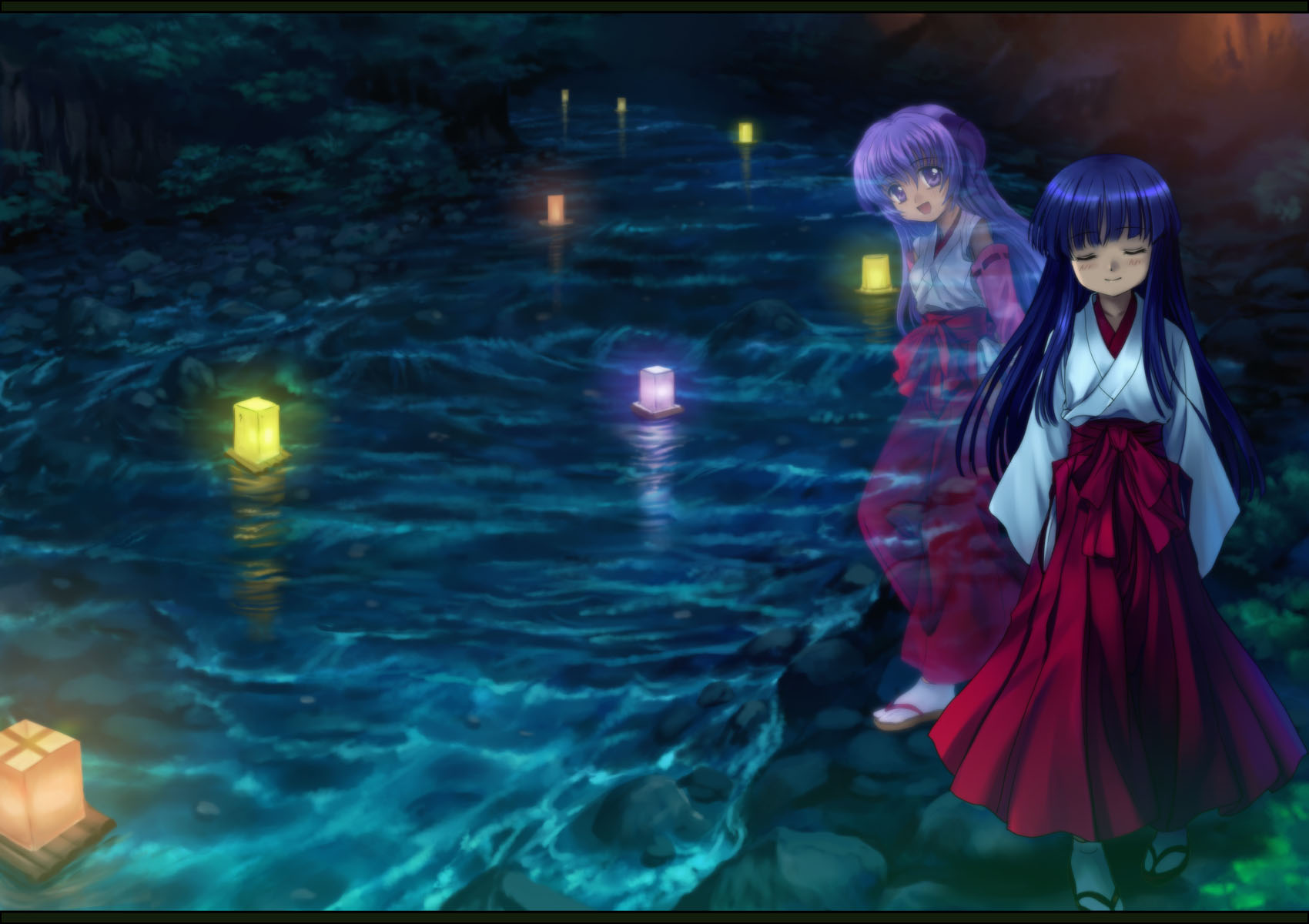 mutsuki (moonknives), ryukishi07, furude rika, hanyuu, higurashi no naku koro ni, highres, 00s, 2girls, blue hair, blush, closed eyes, detached sleeves, hakama, hakama skirt, horns, japanese clothes, lantern, long hair, miko, multiple girls, nature, night, paper lantern, purple eyes, purple hair, red hakama, river, skirt, smile