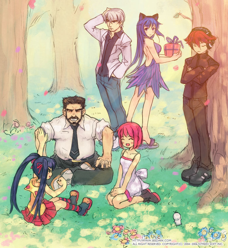 hana, seedark, arin (pangya), azer (pangya), hana (pangya), kaz (pangya), kooh (pangya), max, max (pangya), pangya, 3boys, 3girls, alternate hairstyle, blue hair, dress, legs, long hair, looking back, multiple boys, multiple girls, red hair, shoes, short hair, sitting, skirt, twintails