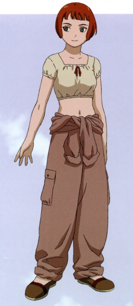 murata range, lavie head, last exile, 00s, blunt bangs, bob cut, brown eyes, full body, midriff, red hair, short hair, solo, standing