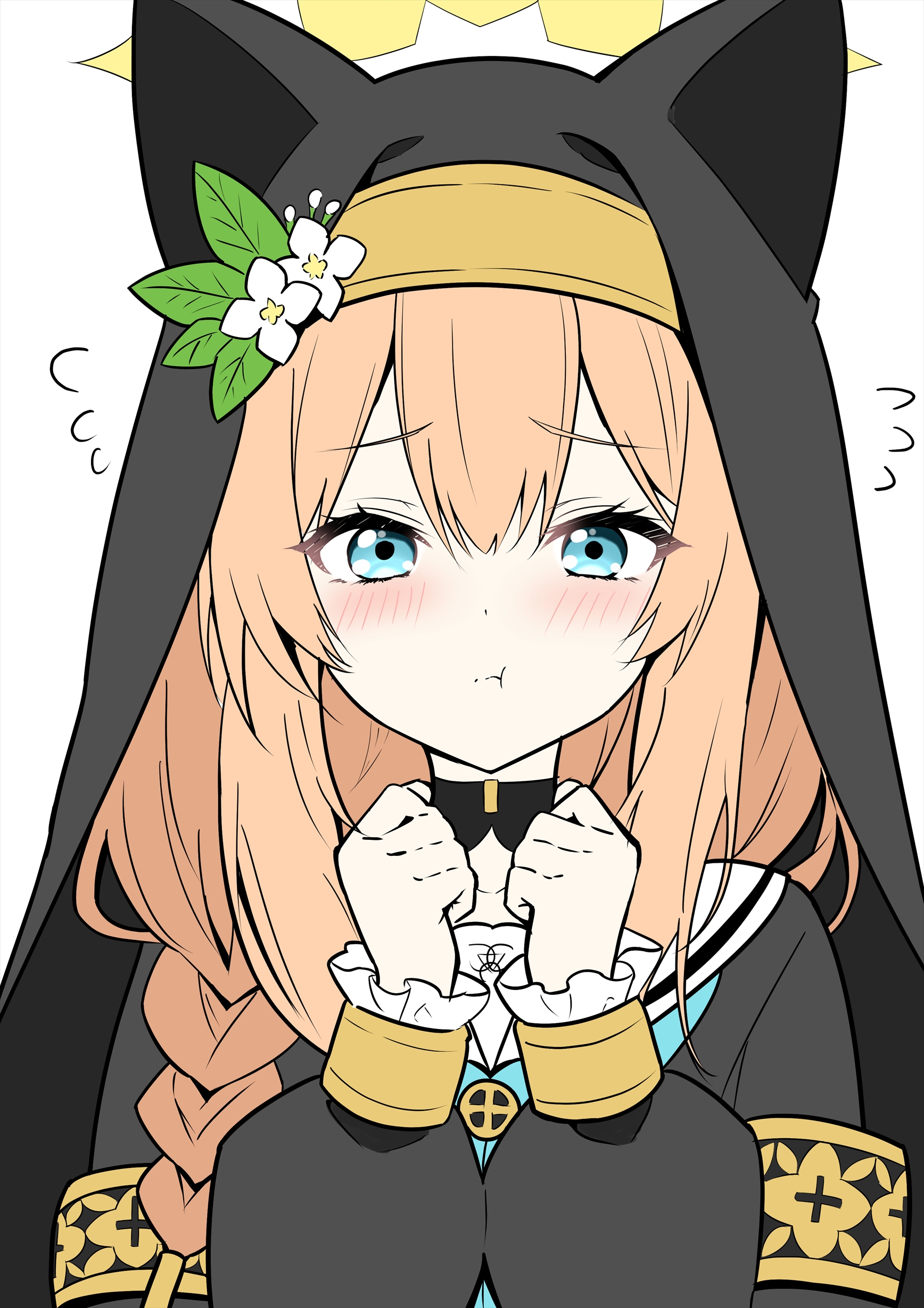 shamu (helix), mari (blue archive), blue archive, absurdres, commentary, highres, 1girl, :t, animal ear headwear, animal ears, black dress, black veil, blue eyes, blue neckerchief, blush, braid, cat ears, cat girl, clenched hands, closed mouth, double-parted bangs, dress, eyelashes, fake animal ears, flat color, flower, flying sweatdrops, frilled sleeves, frills, furrowed brow, hair between eyes, halo, hands up, hat, hat flower, hat ornament, leaf hat ornament, long hair, long sleeves, looking at viewer, low-braided long hair, low-tied long hair, neckerchief, nun, orange hair, pout, puffy long sleeves, puffy sleeves, sailor collar, school uniform, serafuku, sidelocks, simple background, solo, split mouth, straight-on, upper body, veil, white background, white flower, white sailor collar, yellow halo