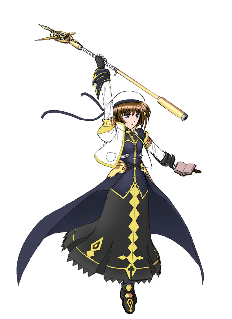 minus majin, schwertkreuz, tome of the night sky, yagami hayate, lyrical nanoha, mahou shoujo lyrical nanoha, mahou shoujo lyrical nanoha strikers, 00s, 1girl, blue eyes, book, brown hair, female focus, fingerless gloves, gloves, hat, long skirt, short hair, skirt, solo, staff