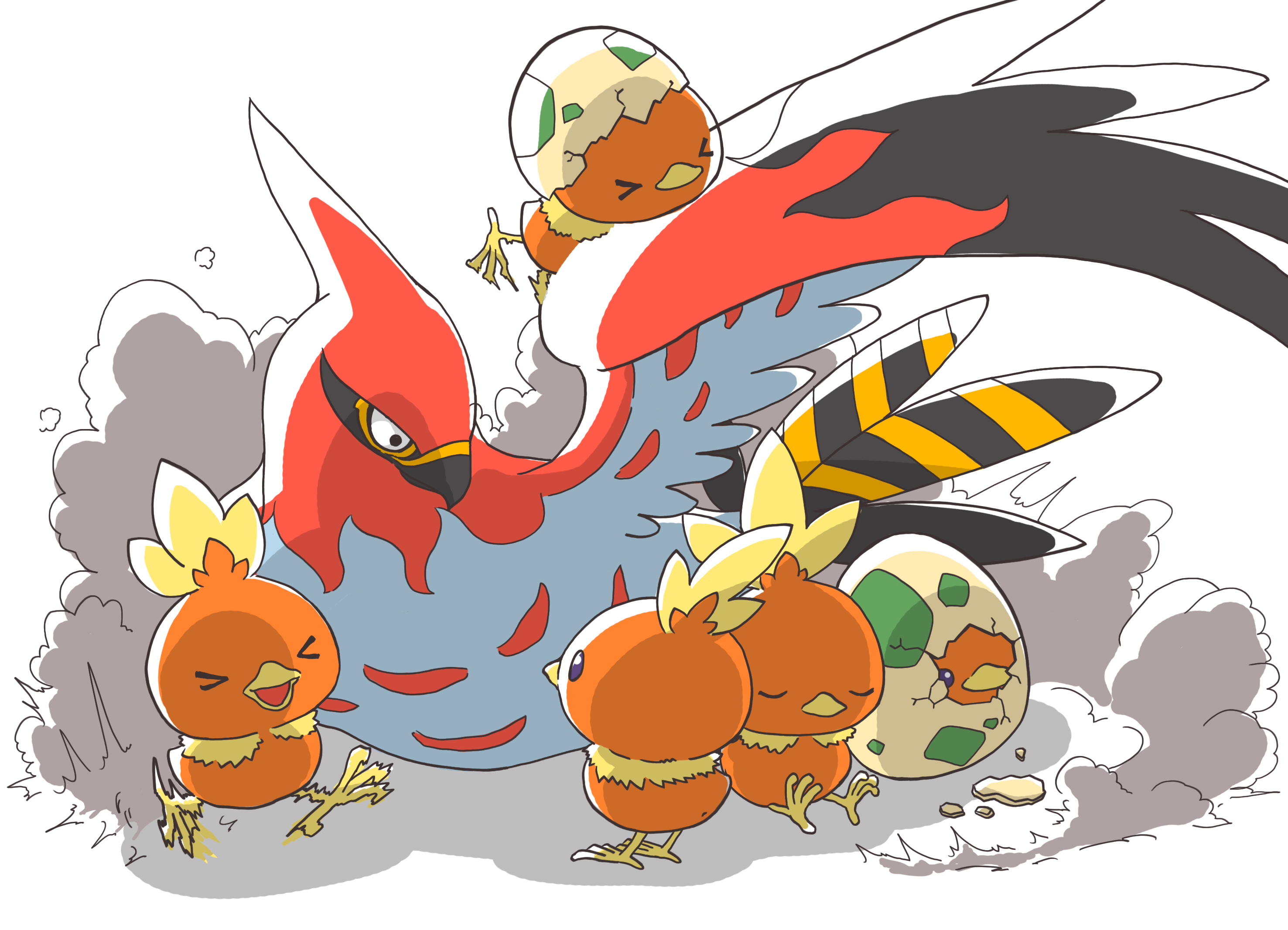chikuwa3, talonflame, torchic, nintendo, pokemon, commentary request, highres, > <, animal focus, bird, closed eyes, closed mouth, crack, egg, eggshell, flame body (pokemon), gameplay mechanics, gen 3 pokemon, gen 6 pokemon, hatching, motion blur, no humans, open mouth, pokemon (creature), pokemon ability, pokemon egg, pokemon focus, running, simple background, sitting, sleeping, white background