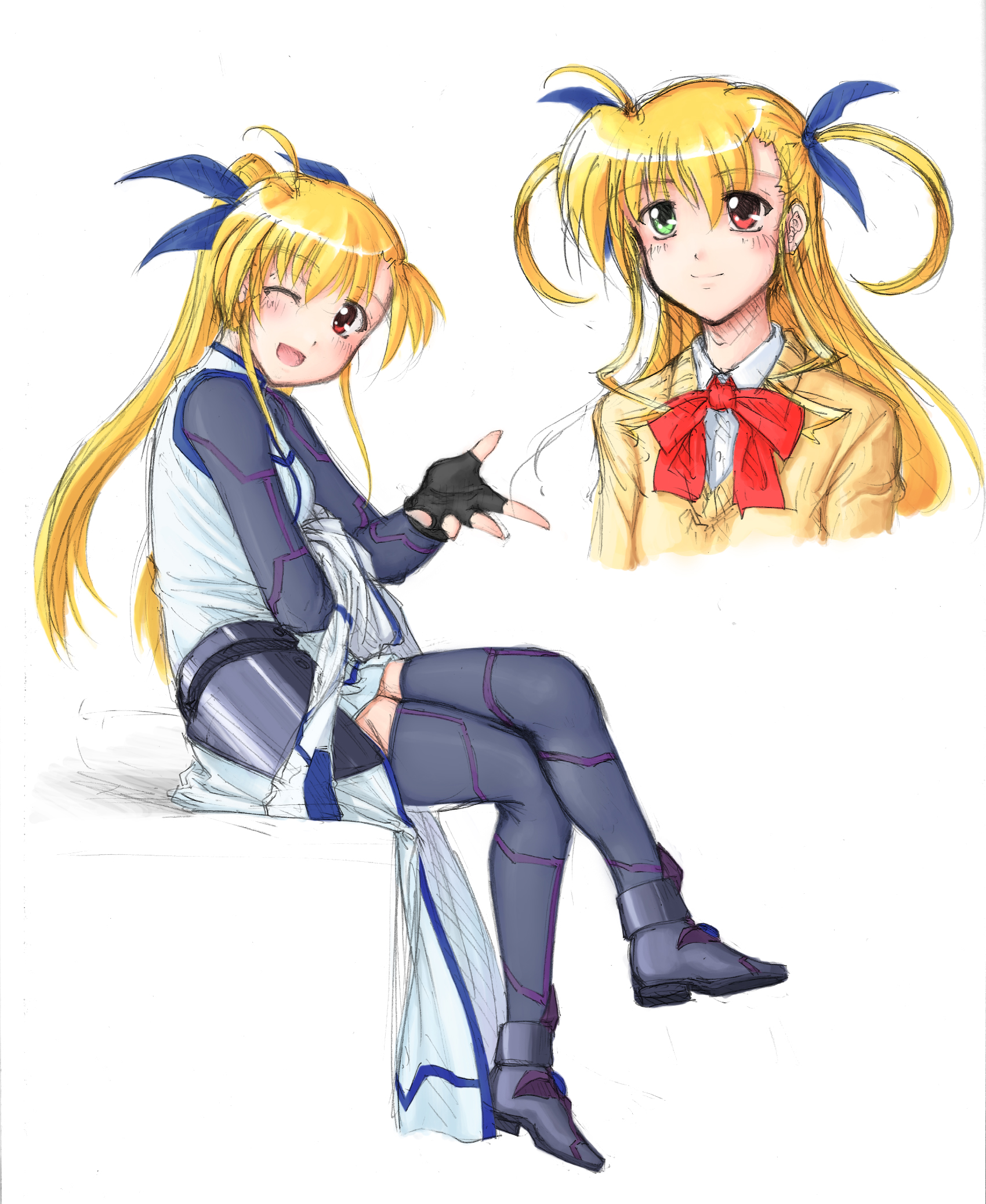 minus majin, vivio, lyrical nanoha, mahou shoujo lyrical nanoha, mahou shoujo lyrical nanoha strikers, highres, 00s, 1girl, blonde hair, female focus, full body, heterochromia, long hair, multiple views, school uniform, serafuku, sitting, thighhighs, upper body, white background, wink