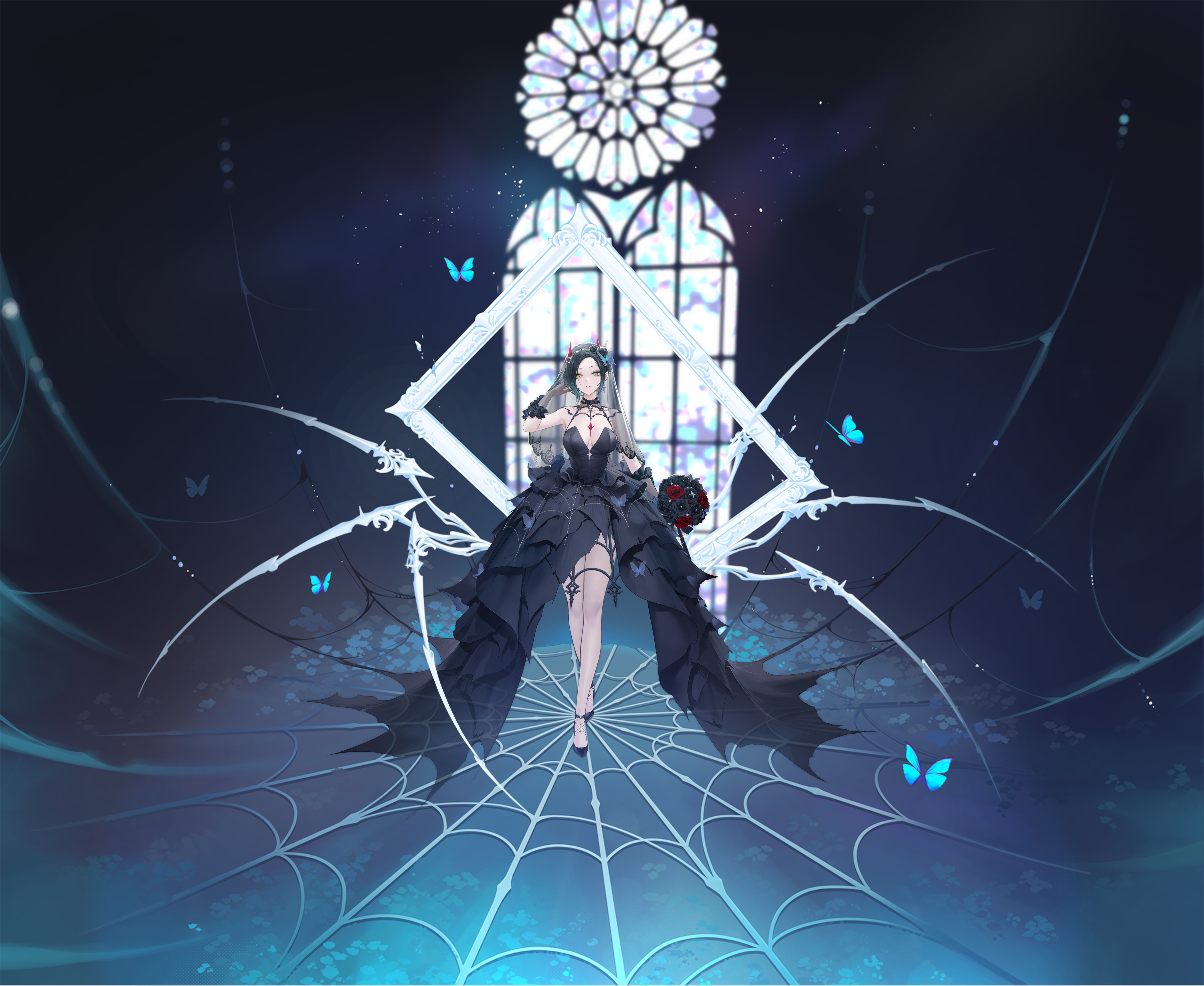 ohisashiburi, ulrich von hutten (azur lane), ulrich von hutten (liebestrank) (azur lane), azur lane, absurdres, highres, non-web source, official art, 1girl, black dress, black hair, black shoes, black veil, bouquet, breasts, butterfly hair ornament, dress, elbow gloves, flower, full body, gloves, hair flower, hair ornament, hand up, high heels, holding, holding bouquet, horns, large breasts, looking at viewer, official alternate costume, parted lips, red horns, see-through clothes, see-through gloves, shoes, short hair, solo, standing, veil, wedding dress, yellow eyes