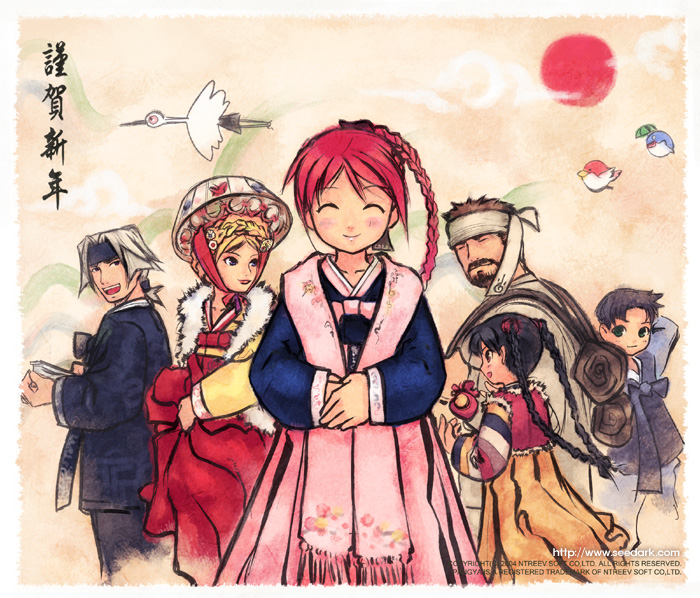 hana, seedark, cecilia, cecilia (pangya), dolfini (pangya), hana (pangya), kooh (pangya), max, max (pangya), pangya, beige background, silver hair, 3boys, 3girls, :d, ^ ^, blonde hair, braid, brown hair, closed eyes, crown braid, fedora, fur trim, gache, hanbok, hat, headband, jeonmo, korean clothes, korean text, looking at viewer, multiple boys, multiple girls, open mouth, own hands together, pink scarf, pink skirt, red hair, ribbon, scarf, simple background, skirt, smile, spiked hair, twin braids