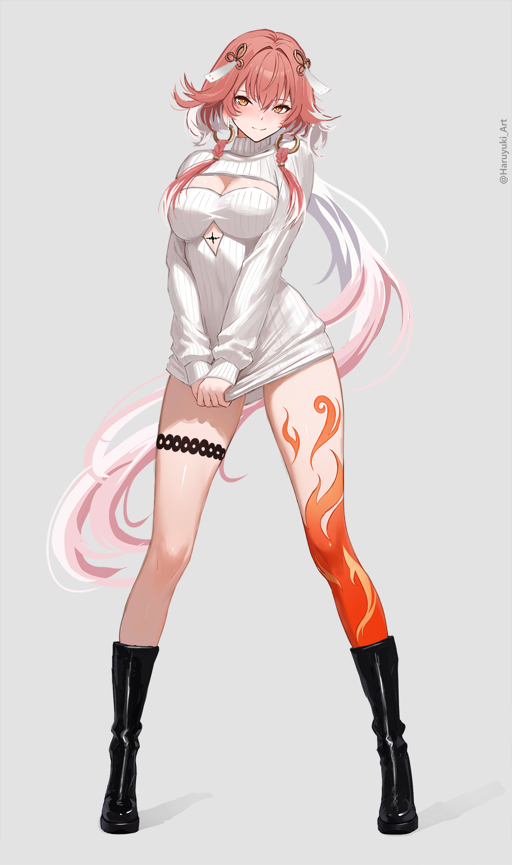 haruyuki (karem), changli (wuthering waves), wuthering waves, commentary, english commentary, highres, 1girl, alternate costume, black boots, black shoes, blush, boots, breasts, closed mouth, dress, full body, grey background, hair between eyes, hair extensions, hair ornament, long dress, long hair, looking at viewer, medium breasts, multicolored hair, orange eyes, pink hair, ring hair extensions, shoes, simple background, smile, solo, sweater, sweater dress, tacet mark (wuthering waves), thigh strap, two-tone hair, very long hair, white dress, white hair
