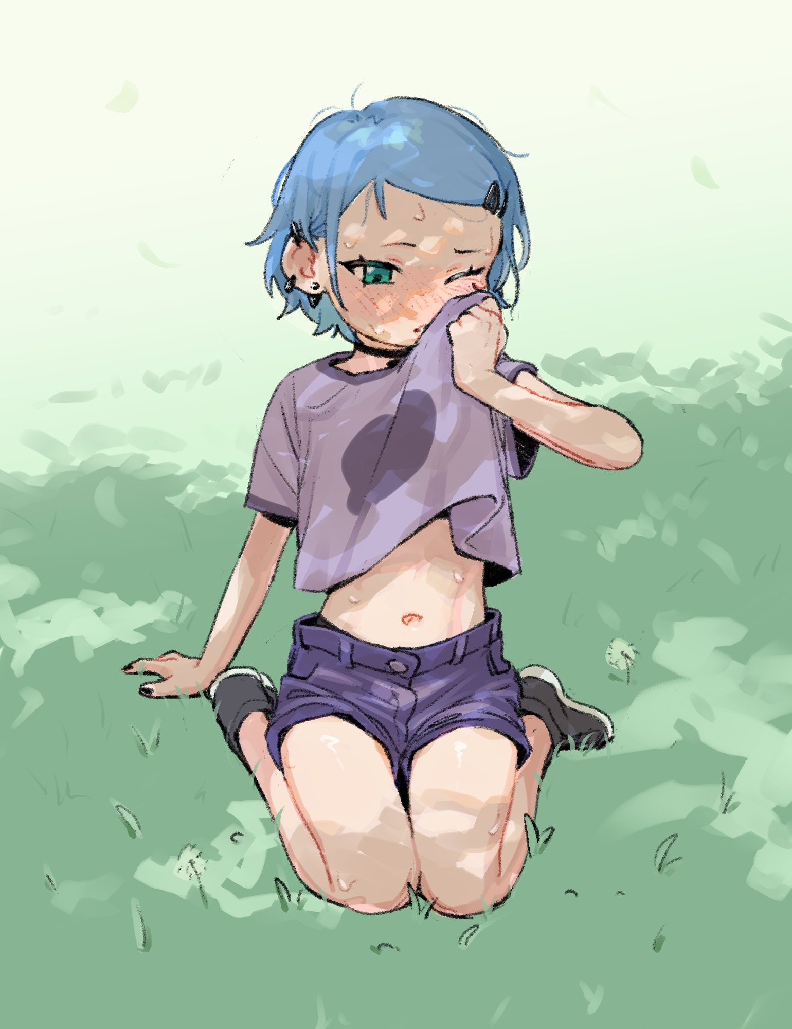 kusamori, erika (kusa mori), original, highres, 1girl, aqua eyes, blue hair, clothes lift, ear piercing, grass, navel, on grass, outdoors, petite, piercing, shirt lift, short hair, shorts, sitting, sweat, wariza