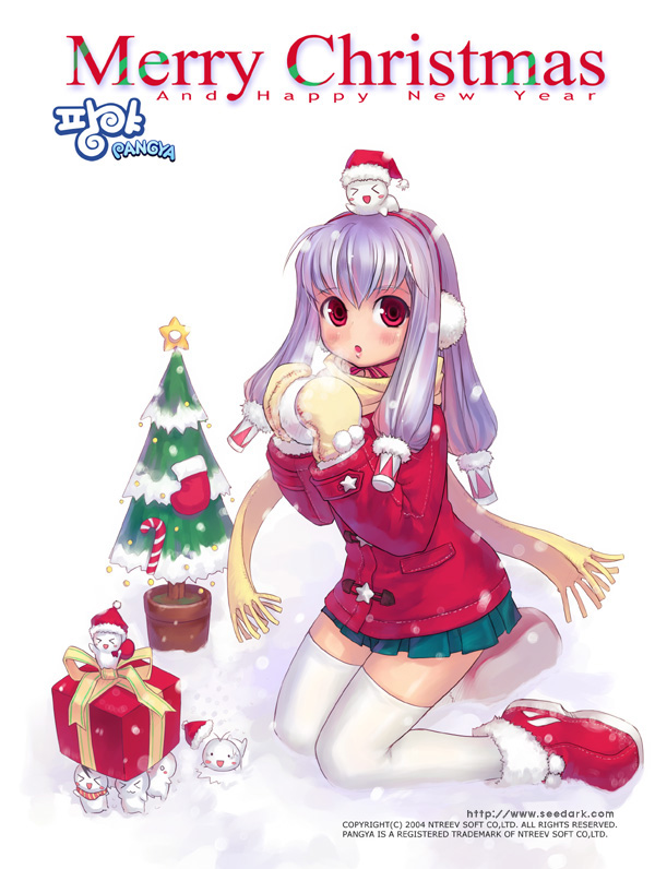 seedark, tiki (pangya), pangya, 00s, 1girl, 2004, :d, blush, boots, box, breath, candy, candy cane, christmas, christmas stocking, christmas tree, coat, company name, copyright name, earmuffs, female focus, food, gift, gift box, gloves, happy new year, hat, kneeling, korean text, long sleeves, looking at viewer, merry christmas, miniskirt, mittens, new year, open mouth, pink eyes, pleated skirt, purple hair, red boots, santa hat, scarf, skirt, smile, snow, snowball, solo, thighhighs, watermark, web address, white thighhighs, yellow scarf