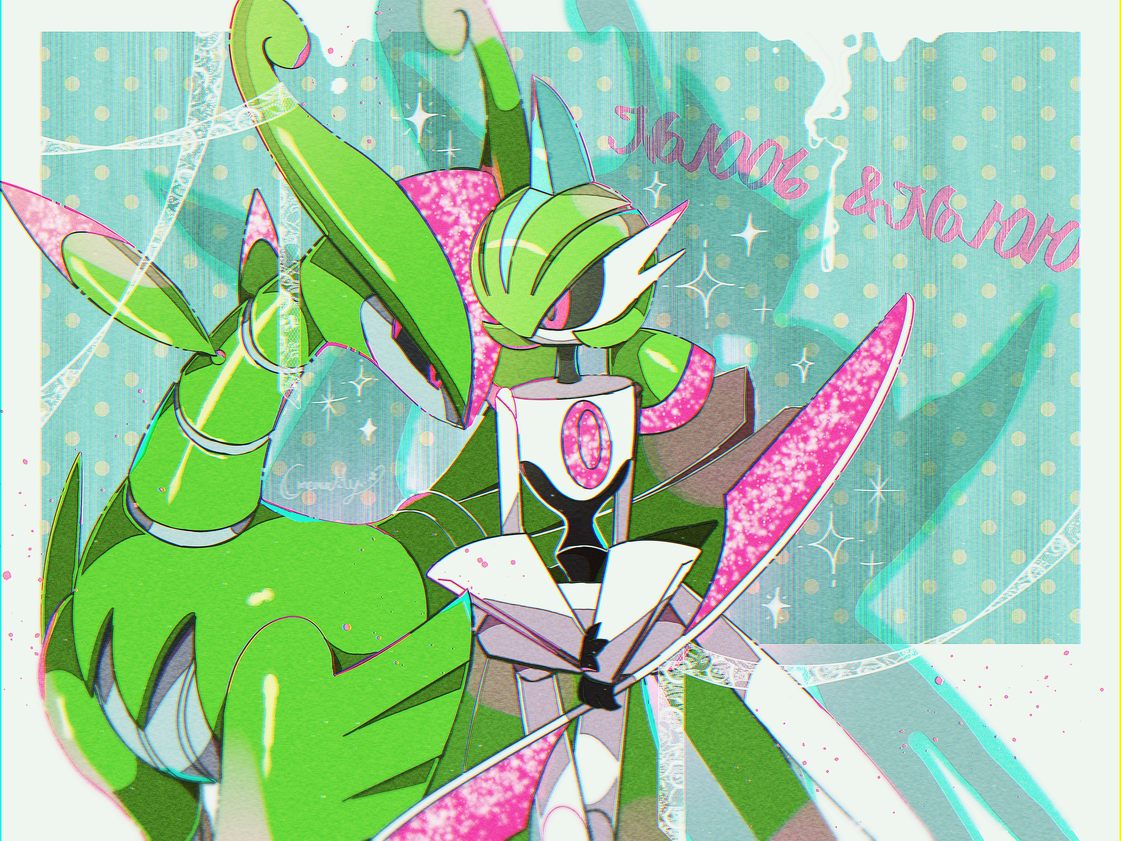 fukkatsu no maya, iron crown, iron valiant, nintendo, pokemon, absurdres, commentary request, highres, black sclera, border, colored sclera, double blade, drop shadow, holding, holding weapon, non-humanoid robot, pink eyes, pokedex number, pokemon (creature), pokemon focus, polka dot, polka dot background, robot, robot animal, sparkle, weapon, white border