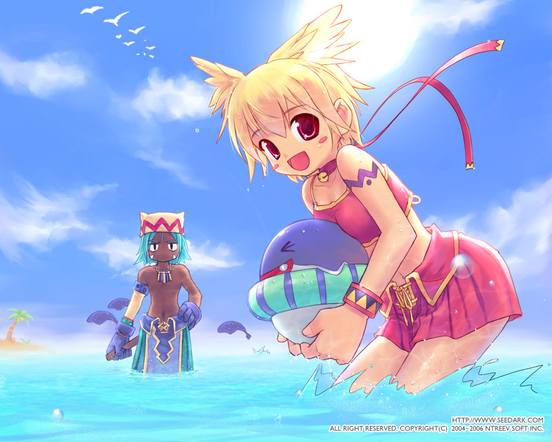 seedark, dolfini (pangya), lola, lola (pangya), quma (pangya), pangya, > <, 1boy, 1girl, aqua hair, bell, bikini, bird, blonde hair, blush stickers, breast press, breasts, choker, closed eyes, cloud, dark skin, day, facial mark, gloves, hand on own hip, head wings, hip focus, holding, innertube, jewelry, jingle bell, leaning forward, medium breasts, midriff, necklace, ocean, outdoors, palm tree, red eyes, ribbon, skirt, sky, splashing, swim ring, swimsuit, tankini, tattoo, tree, wading, water, wet, whale, wings, wristband