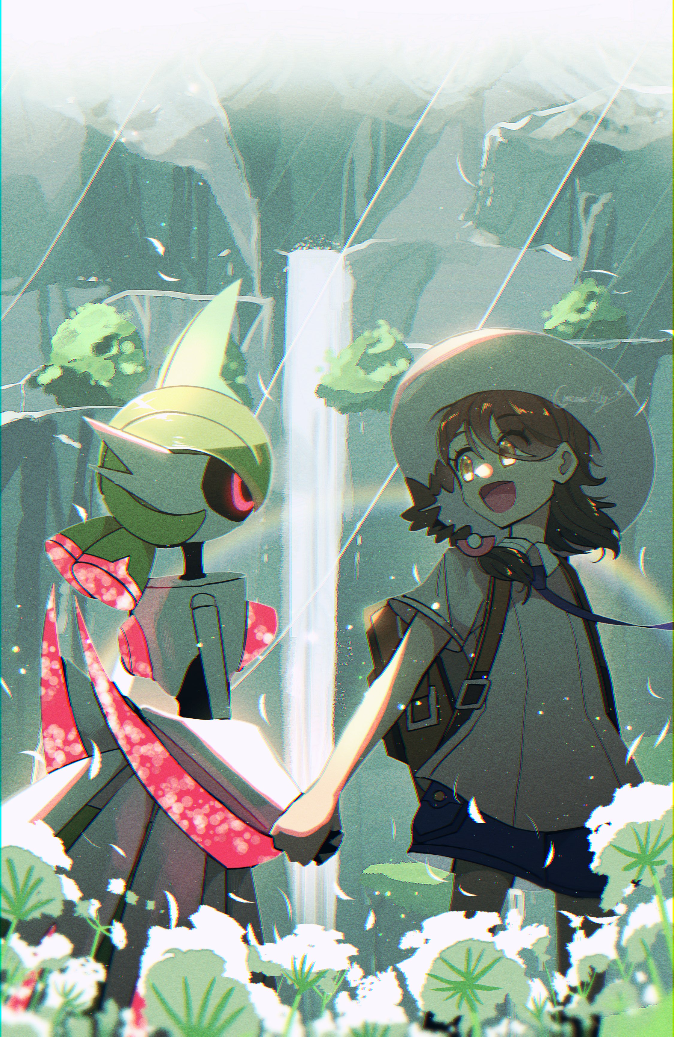 fukkatsu no maya, iron valiant, juliana (pokemon), nintendo, pokemon, pokemon sv, absurdres, commentary request, highres, 1girl, black sclera, brown bag, brown eyes, brown hair, colored sclera, dandelion, flower, hat, holding hands, necktie, pink eyes, pokemon (creature), purple necktie, purple shorts, rainbow, robot, school uniform, shorts, uva academy school uniform, water, waterfall