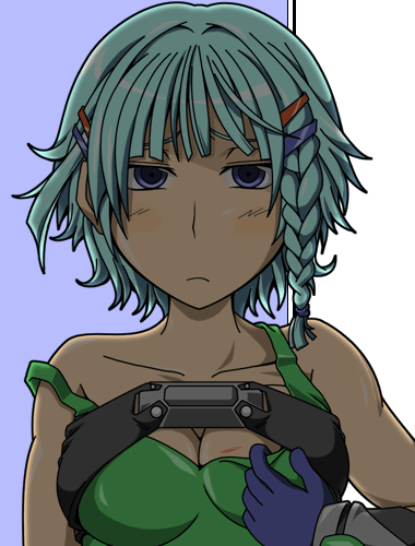 akito (owata11), seolla schweizer, banpresto, super robot wars, bad id, bad pixiv id, lowres, 1girl, blue hair, breasts, cleavage, female focus, large breasts, solo