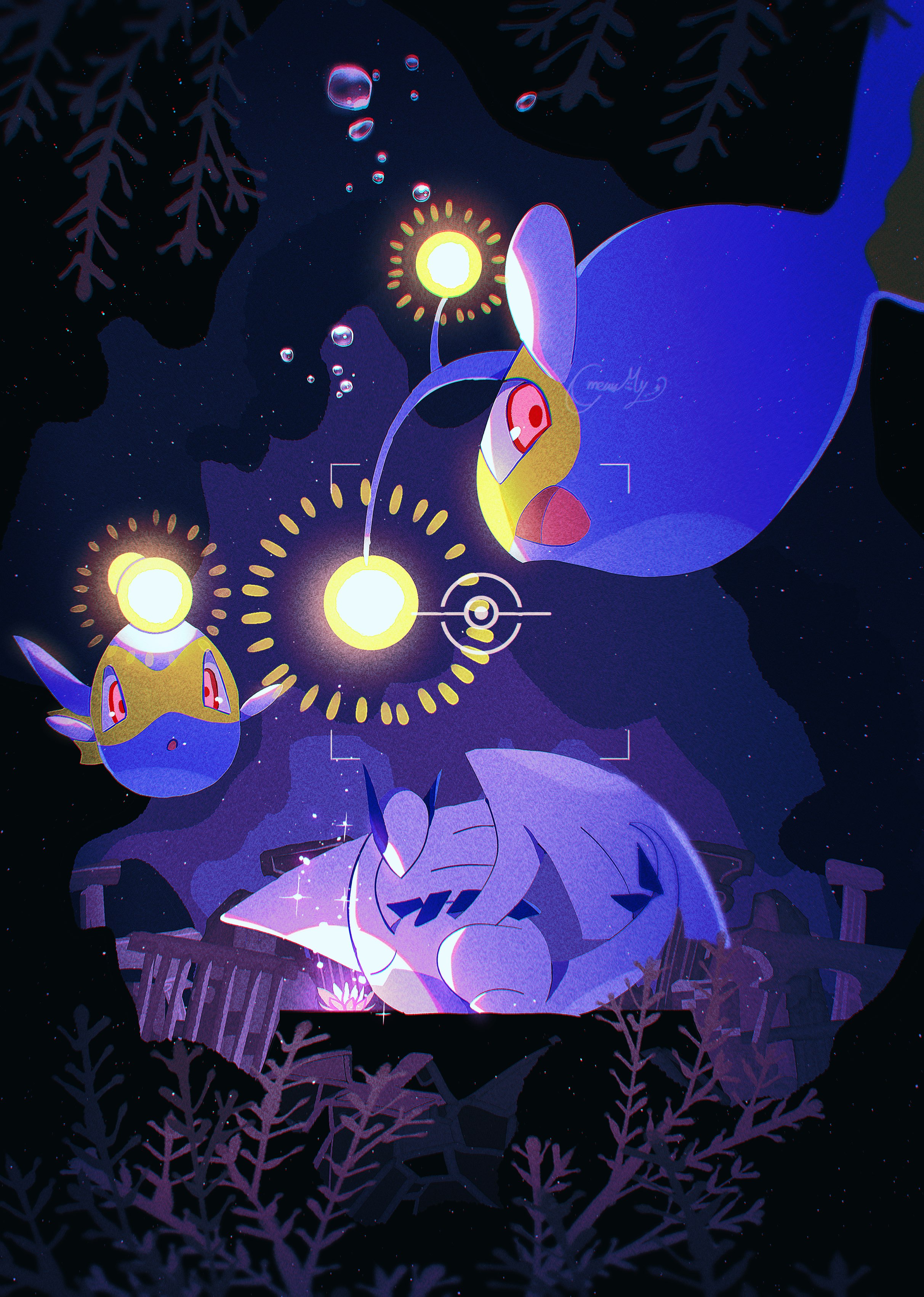 fukkatsu no maya, lanturn, lugia, nintendo, pokemon, absurdres, commentary request, highres, :o, air bubble, animal focus, bioluminescence, bubble, column, gen 2 pokemon, glowing, legendary pokemon, no humans, open mouth, pillar, pokemon (creature), pokemon focus, red eyes, ruins, signature, smile, underwater