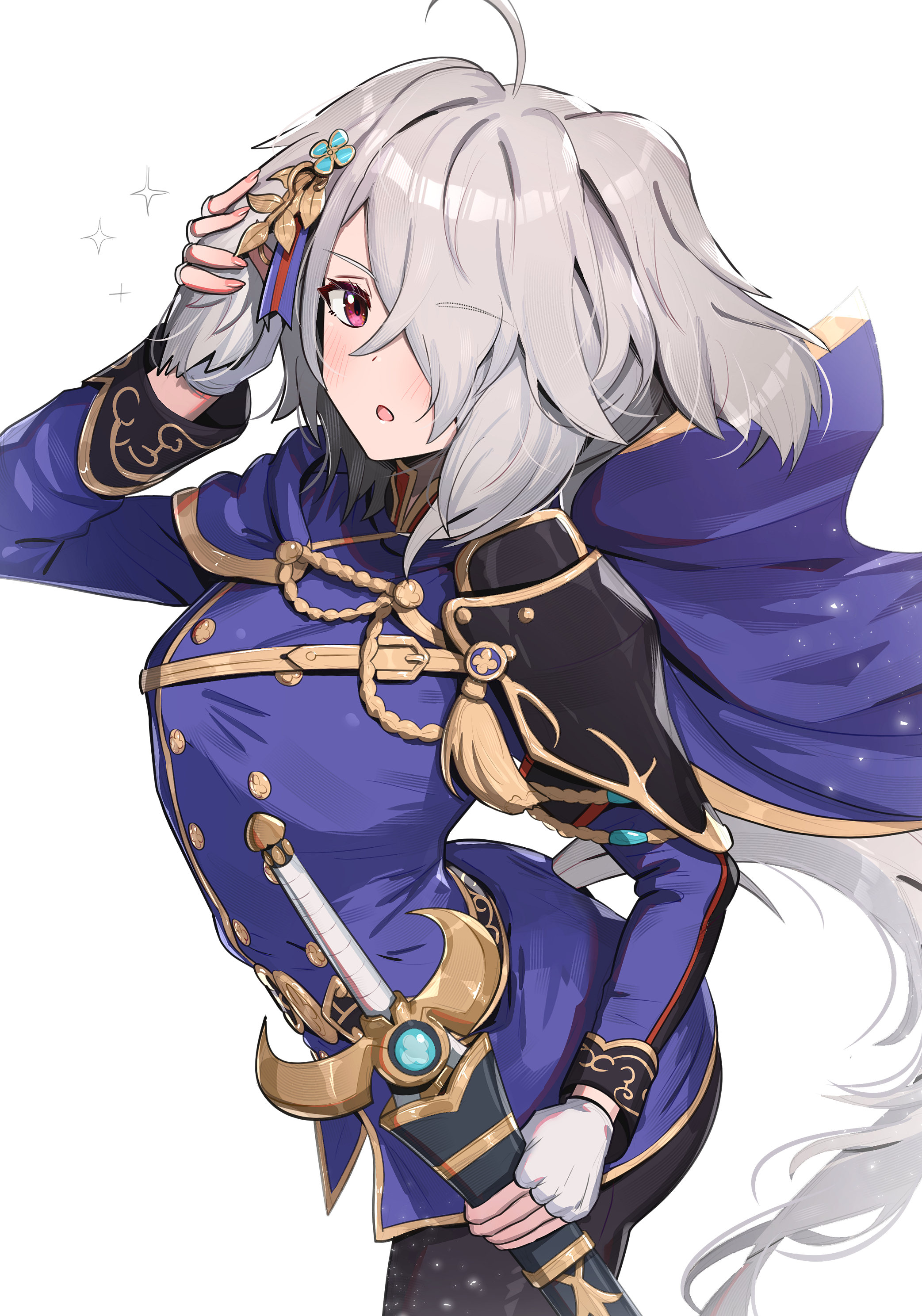 gonzarez, fire emblem, fire emblem shadows, nintendo, absurdres, highres, 1girl, androgynous, animal ears, armor, belt, blush, buttons, cape, clover, crossdressing, dog ears, dog girl, fingerless gloves, gloves, grey hair, hair ornament, hair over one eye, hand in own hair, holding, holding sword, holding weapon, kurt (fire emblem), leaf, leaf hair ornament, looking at viewer, open mouth, pauldrons, pink eyes, shoulder armor, single pauldron, solo, sparkle, sword, tail, tassel, weapon, white background, wolf, wolf ears, wolf tail