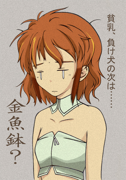 ponta (potezirahu), ibis douglas, banpresto, super robot wars, bad id, bad pixiv id, 1girl, brown hair, closed eyes, female focus, flat chest, short hair, solo, tears