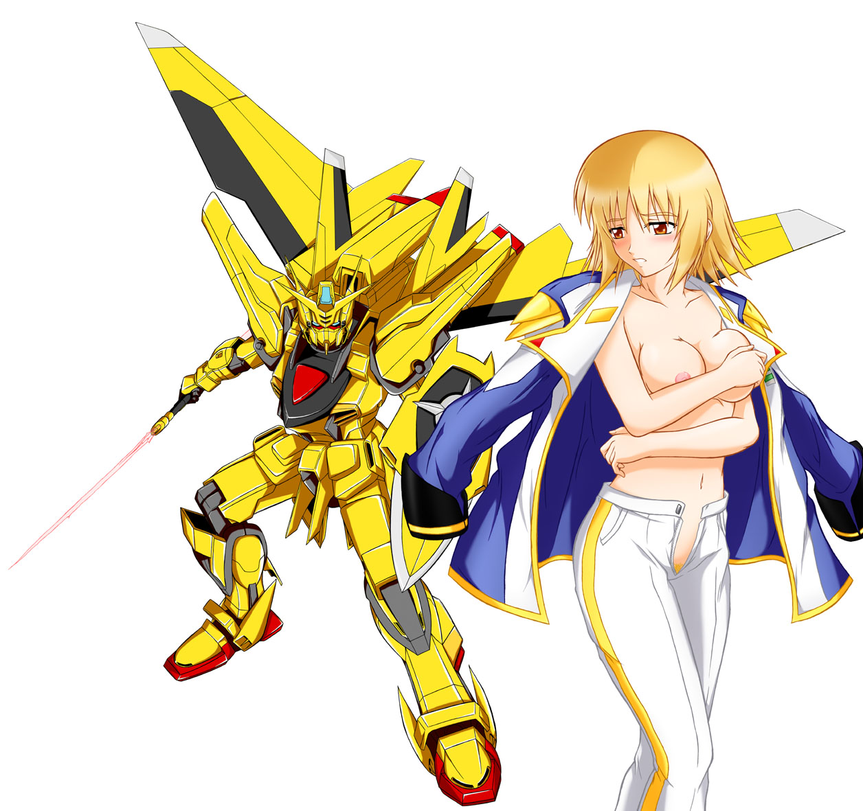 suzuka sakito, akatsuki gundam, cagalli yula athha, gundam, gundam seed, gundam seed destiny, 00s, blonde hair, blush, breasts, energy sword, female pubic hair, mecha, nipple slip, nipples, orange eyes, pubic hair, robot, short hair, solo, sword, topless female, weapon