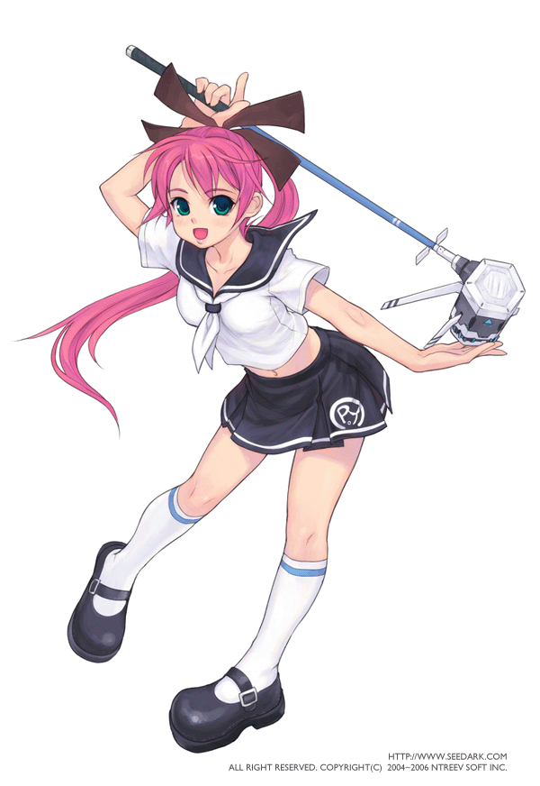 hana, seedark, hana (pangya), pangya, 1girl, female focus, golf, green eyes, kneehighs, legs, midriff, open mouth, pink hair, ponytail, school uniform, serafuku, shoes, skirt, socks, solo, transparent background
