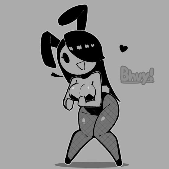 movail2, cream (movail2), original, animated, animated gif, commentary, english commentary, looping animation, 1girl, animal ears, black leotard, bouncing breasts, breasts, cleavage, curvy, fake animal ears, fishnet pantyhose, fishnets, full body, grey background, hair over one eye, heart, highleg, highleg leotard, large breasts, leotard, long hair, monochrome, narrow waist, pantyhose, playboy bunny, rabbit ears, simple background, solo, standing, strapless, strapless leotard, wide hips