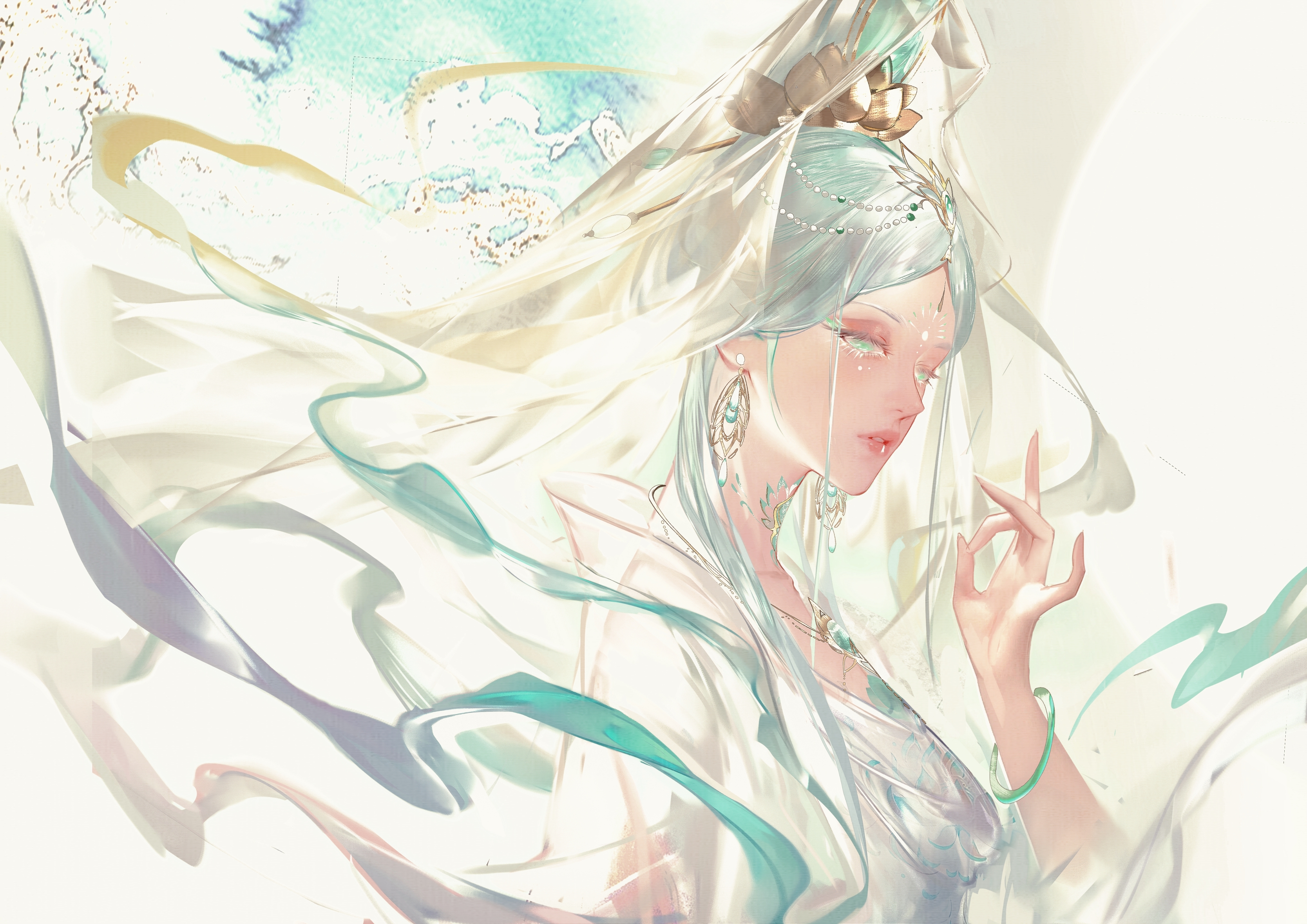 qingci, du ruo (path to nowhere), guanyin, path to nowhere, absurdres, chinese commentary, commentary, highres, variant set, 1girl, abstract background, collarbone, colored eyelashes, dress, earrings, eyeshadow, facial hair, facial mark, forehead, forehead jewel, forehead mark, from side, green eyes, green hair, green shawl, hair ornament, hairpin, half-closed eyes, headpiece, jade bracelet, jewelry, lips, lotus hair ornament, makeup, mudra, multiple hairpins, parted bangs, parted lips, pearl hair ornament, red eyeshadow, see-through clothes, see-through veil, shawl, solo, upper body, veil, white dress, white eyelashes