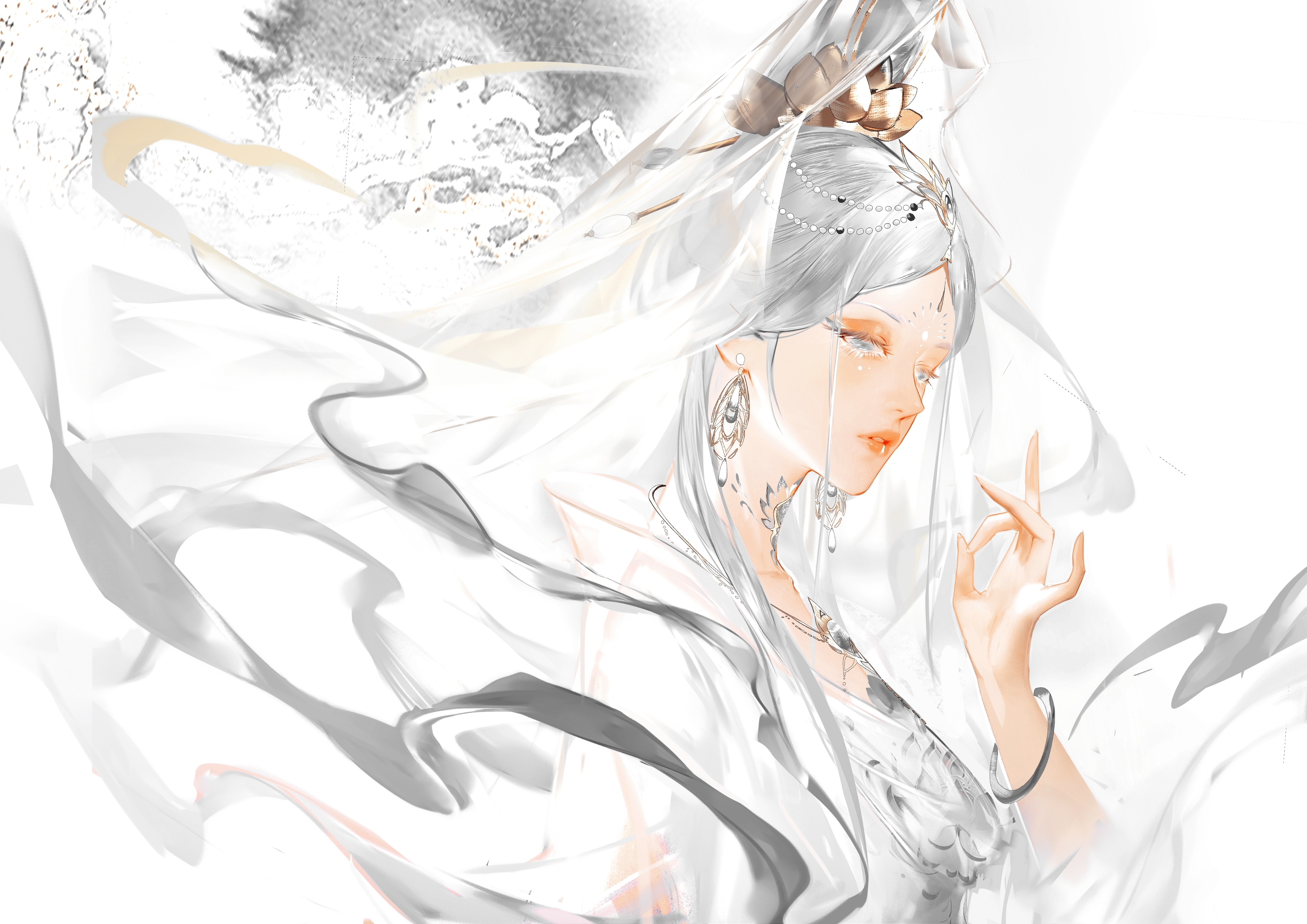 qingci, du ruo (path to nowhere), guanyin, path to nowhere, absurdres, chinese commentary, commentary, highres, variant set, 1girl, abstract background, collarbone, dress, earrings, facial hair, facial mark, forehead, forehead jewel, forehead mark, from side, grey eyes, grey hair, grey shawl, hair ornament, hairpin, half-closed eyes, headpiece, jade bracelet, jewelry, lips, lotus hair ornament, mudra, multiple hairpins, parted bangs, parted lips, pearl hair ornament, see-through clothes, see-through veil, shawl, solo, upper body, veil, white dress