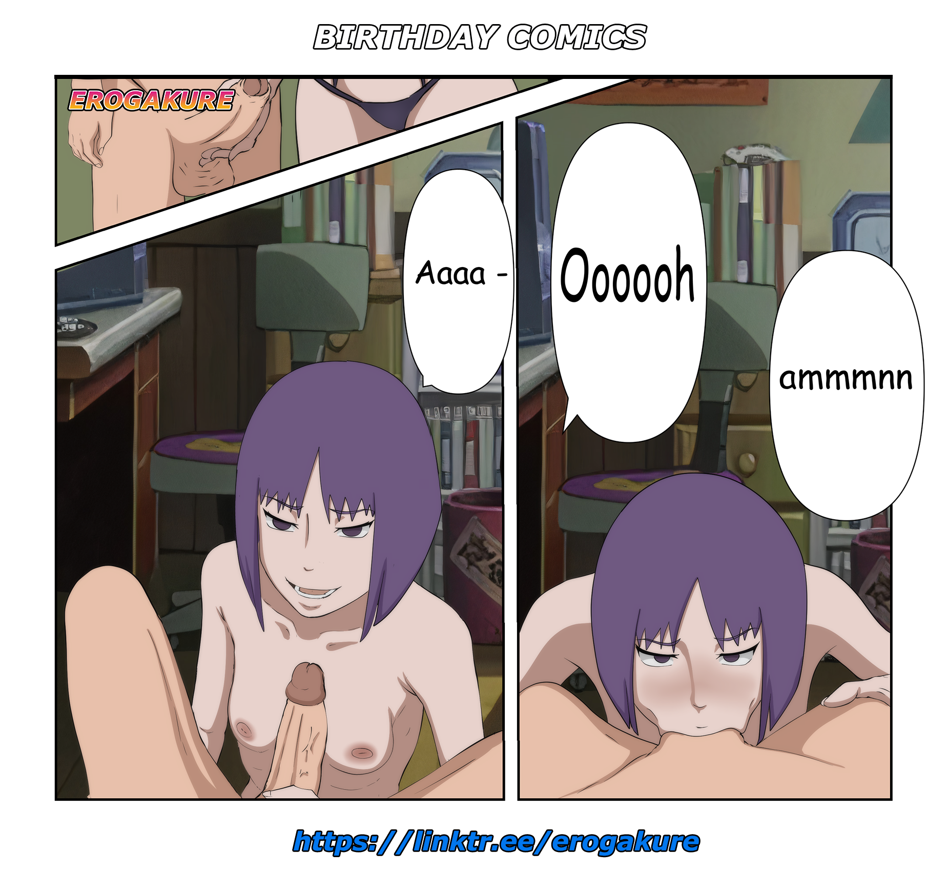 erogakure, kakei sumire, uzumaki boruto, boruto: naruto next generations, naruto (series), 1boy1girl, before oral, before sex, boruto, naruto, deepthroat, fellatio, hetero, looking at viewer, oral, pov, purple hair