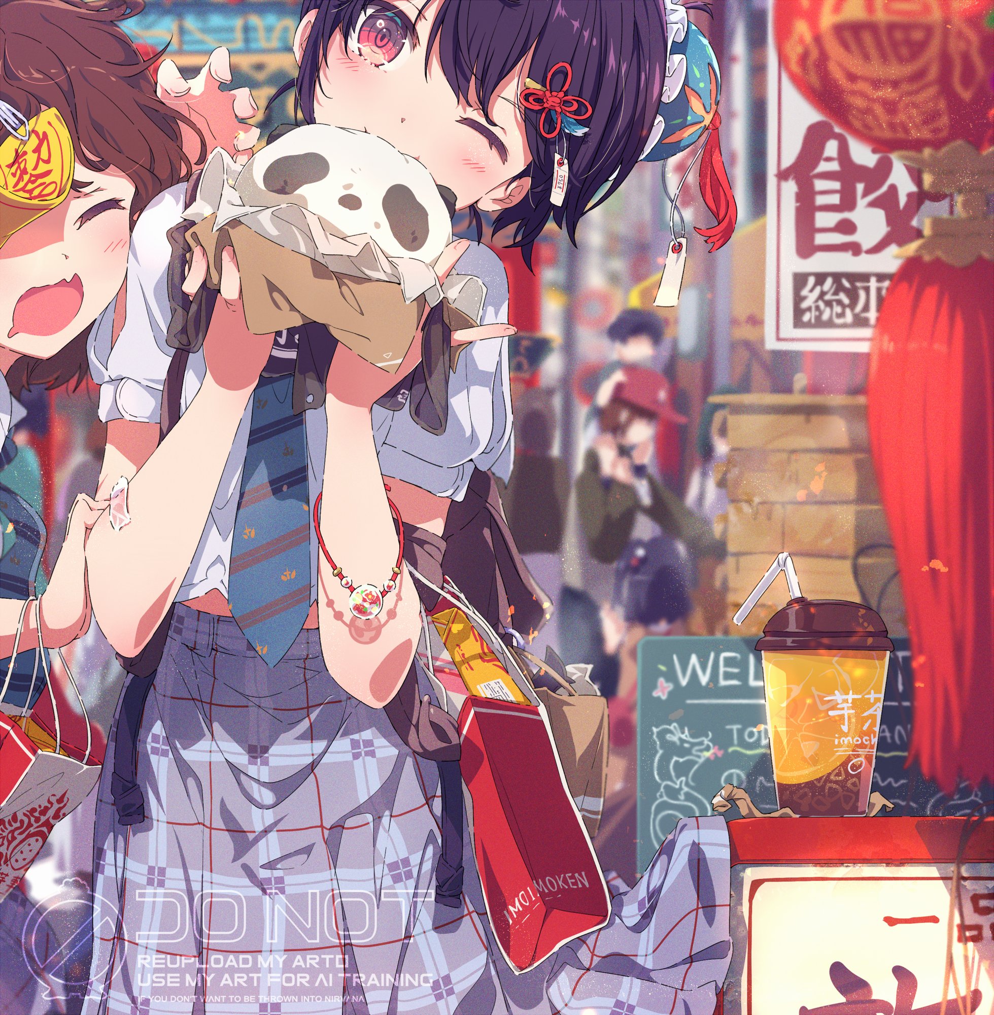 ogipote, original, 1girl, 2girls, blurry, blurry background, eating, multiple girls, necktie, one eye closed, school uniform, skirt