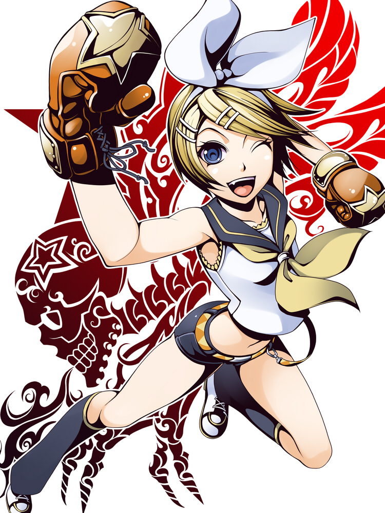 torigoe takumi, kagamine rin, vocaloid, 1girl, blonde hair, blue eyes, fang, female focus, hair ornament, hairband, hairclip, short hair, solo, wink