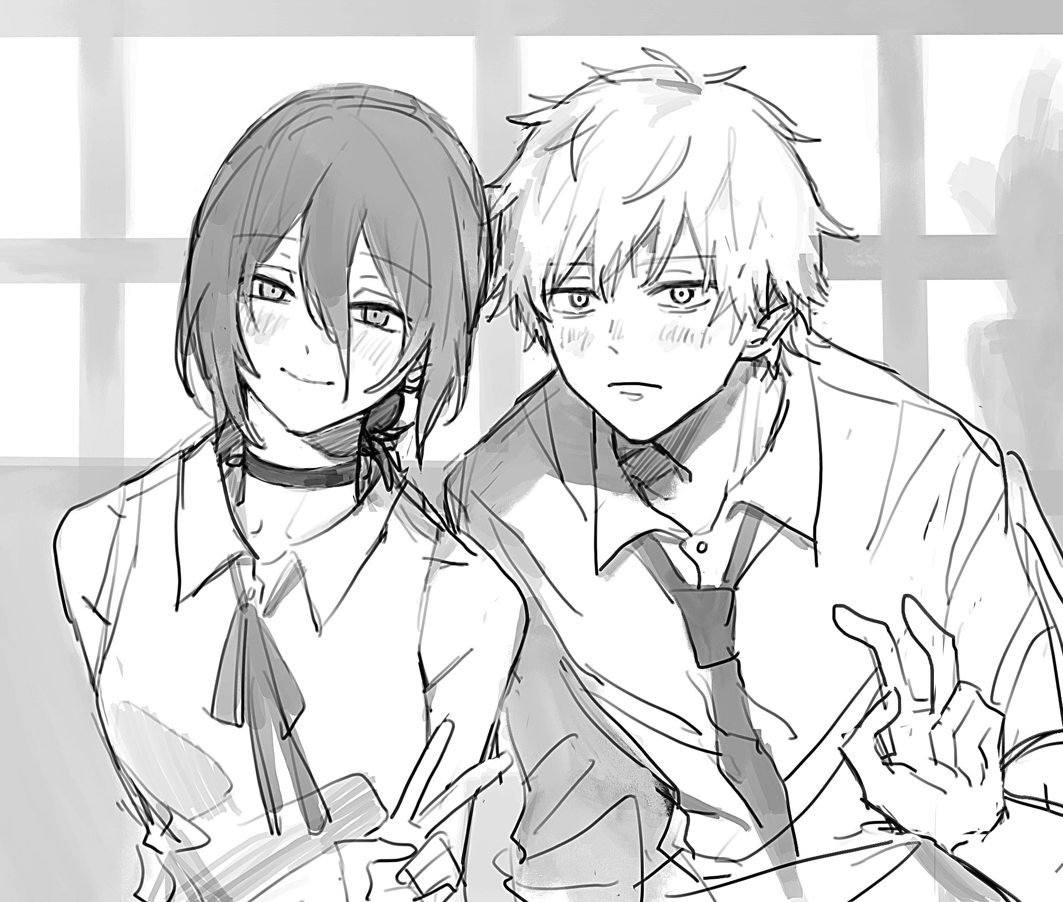 mochidash, denji (chainsaw man), reze (chainsaw man), chainsaw man, commentary request, highres, 1boy, 1girl, bent v, blush, choker, dress shirt, hair between eyes, hetero, indoors, looking at viewer, loose neck ribbon, neck ribbon, necktie, ribbon, shirt, sketch, sleeveless, sleeveless shirt, smile, upper body, v