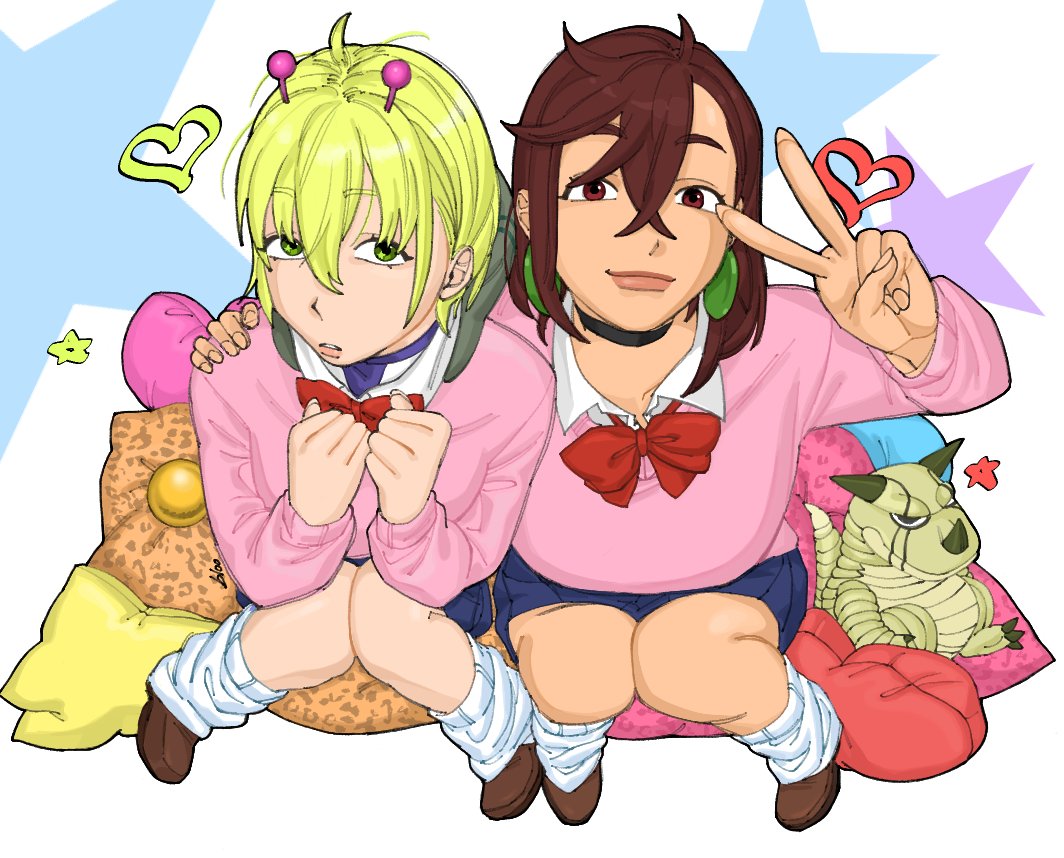 ayase momo, bloo, vamola (dandadan), dandadan, hashtag-only commentary, 2girls, alien, antennae, ayase momo (cosplay), ball, black choker, blonde hair, blue skirt, bow, bowtie, brown eyes, brown hair, brown shoes, choker, closed mouth, collared shirt, cosplay, crossed bangs, earrings, full body, green eyes, gyaru, hair between eyes, hand on another's shoulder, heart, jewelry, kaiju, kami high school uniform, knees up, lips, long sleeves, looking at viewer, loose socks, miniskirt, multiple girls, parted lips, pillow, pink lips, pink sweater, pleated skirt, red bow, red bowtie, school uniform, shirt, shoes, short hair, sitting, skirt, socks, star (symbol), sweater, v, white shirt, white socks