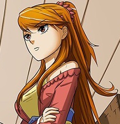 tales of demons and gods, black shirt, colored skin, famale, manga illustration, manga page, orange hair, serious, shirt, white skin, xiao ning