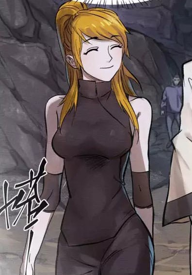 tales of demons and gods, black shirt, colored skin, famale, happy, manga illustration, manga page, orange hair, shirt, white skin, xiao ning