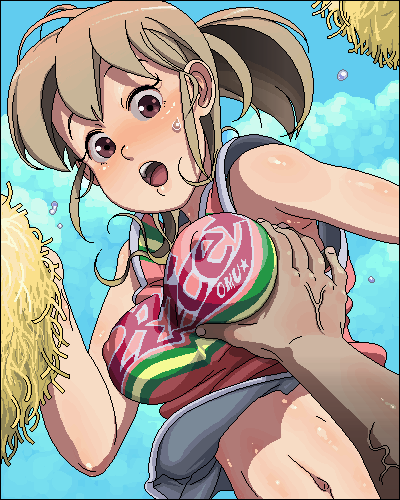 hoshi kubi, character request, lowres, 1girl, breasts, brown hair, cheerleader, dark-skinned male, dark skin, grabbing another's breast, groping, large breasts, oekaki, pom pom (cheerleading), ponytail